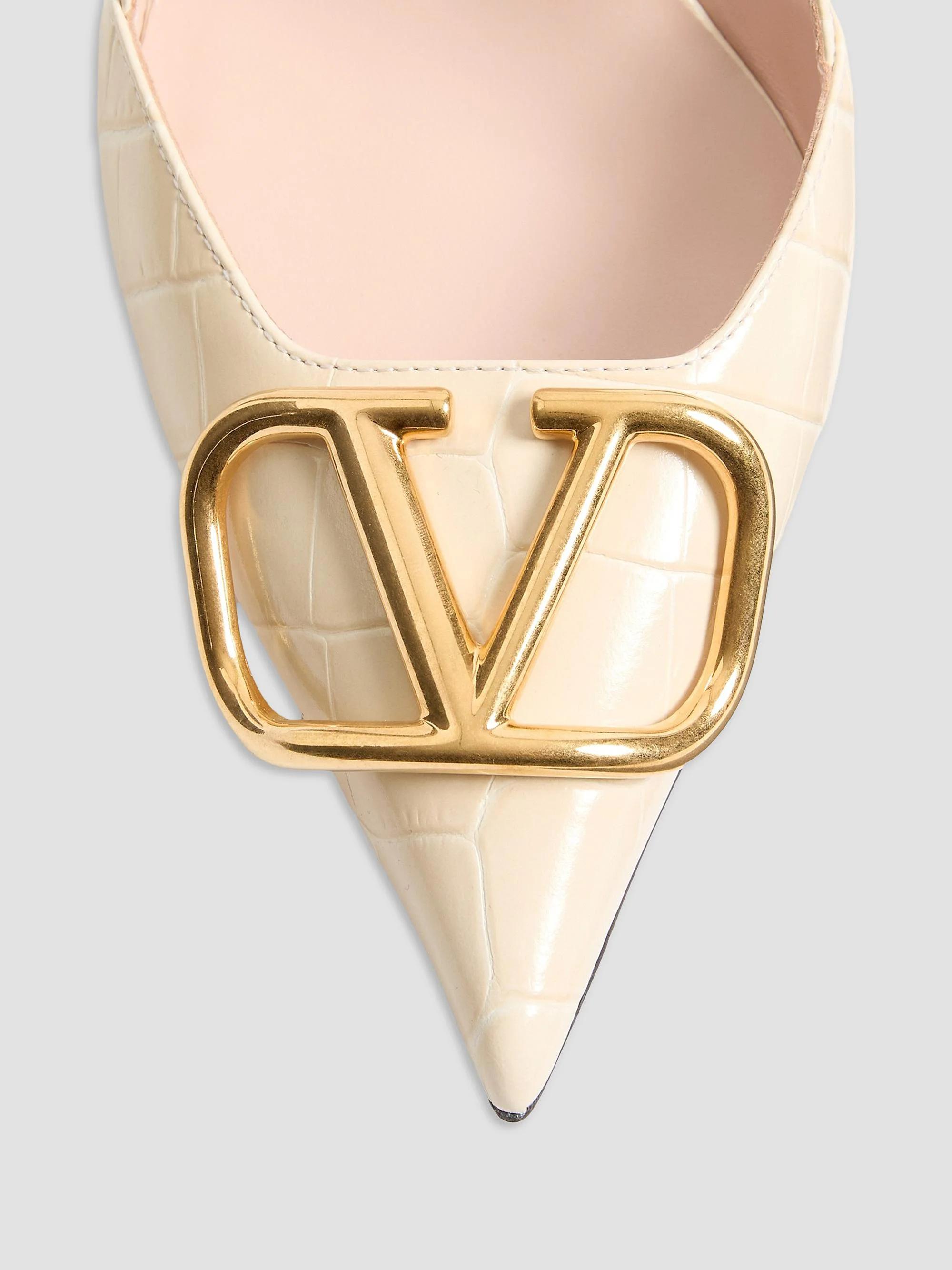 VALENTINO 良品 ゴールドV金具 ストライプ サテンシュシュ 2点セット Valentino Garavani VLogo Signature Slingback Pumps in 80MM Printed