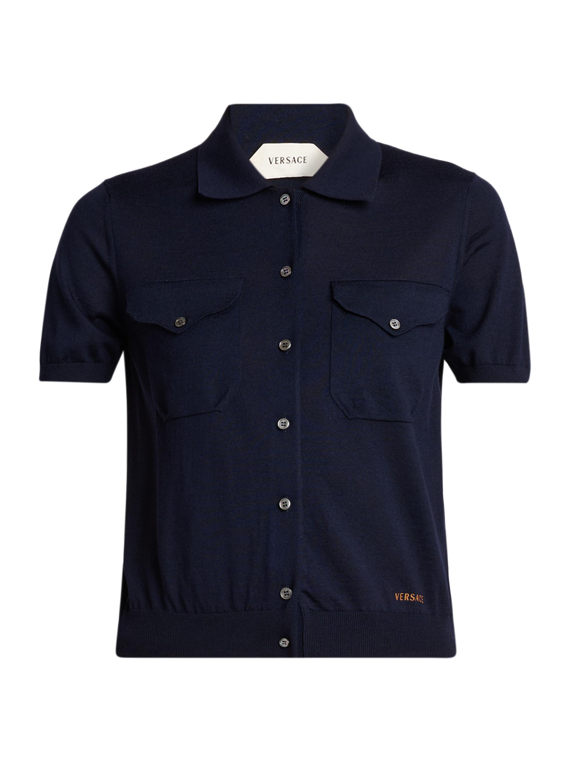 Versace Women's Embroidered Wool Knit Short-Sleeve Cardigan - Navy