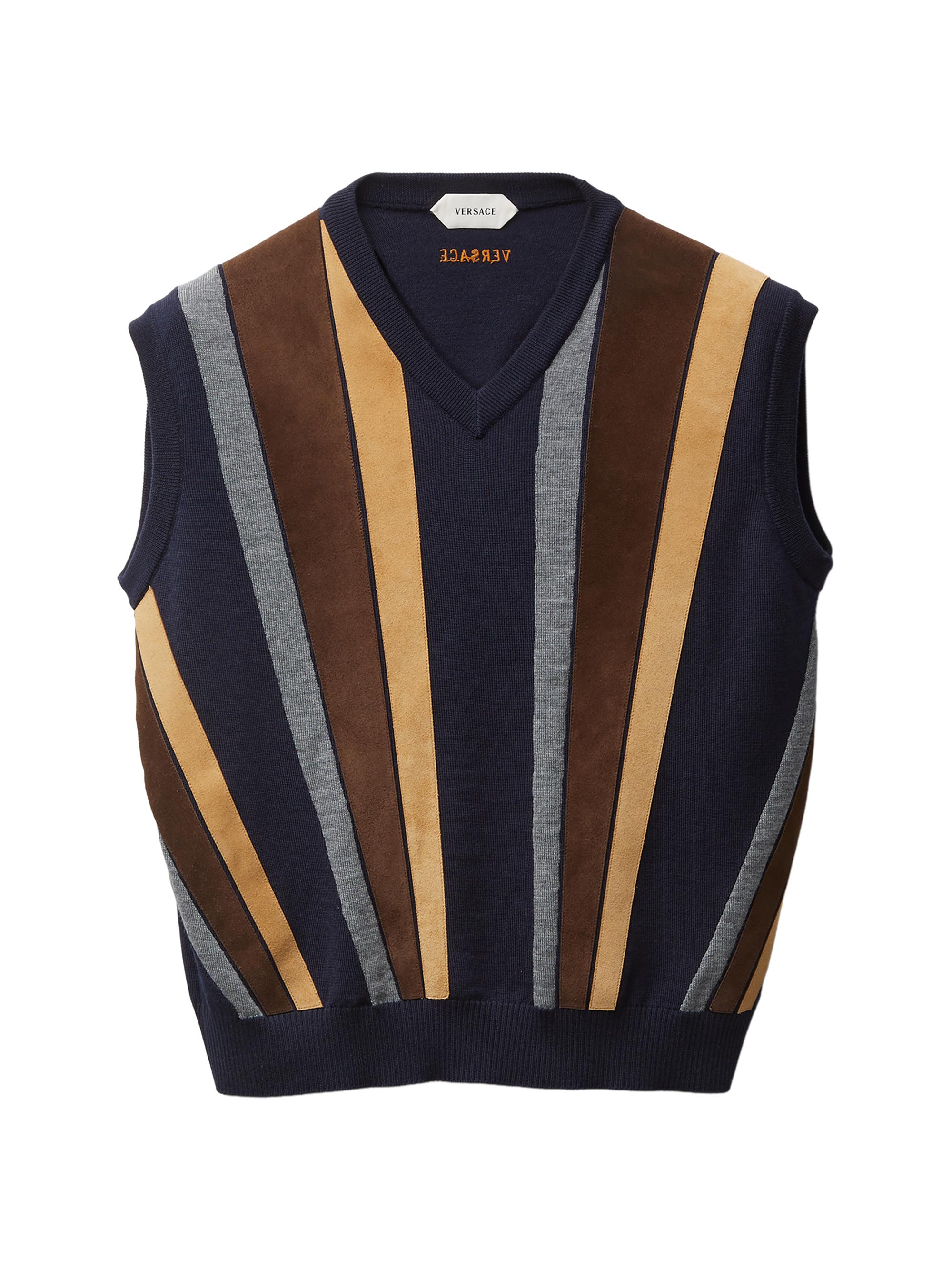 Versace Women's Striped Leather Patchwork Sleeveless Virgin Wool Vest - Navy
