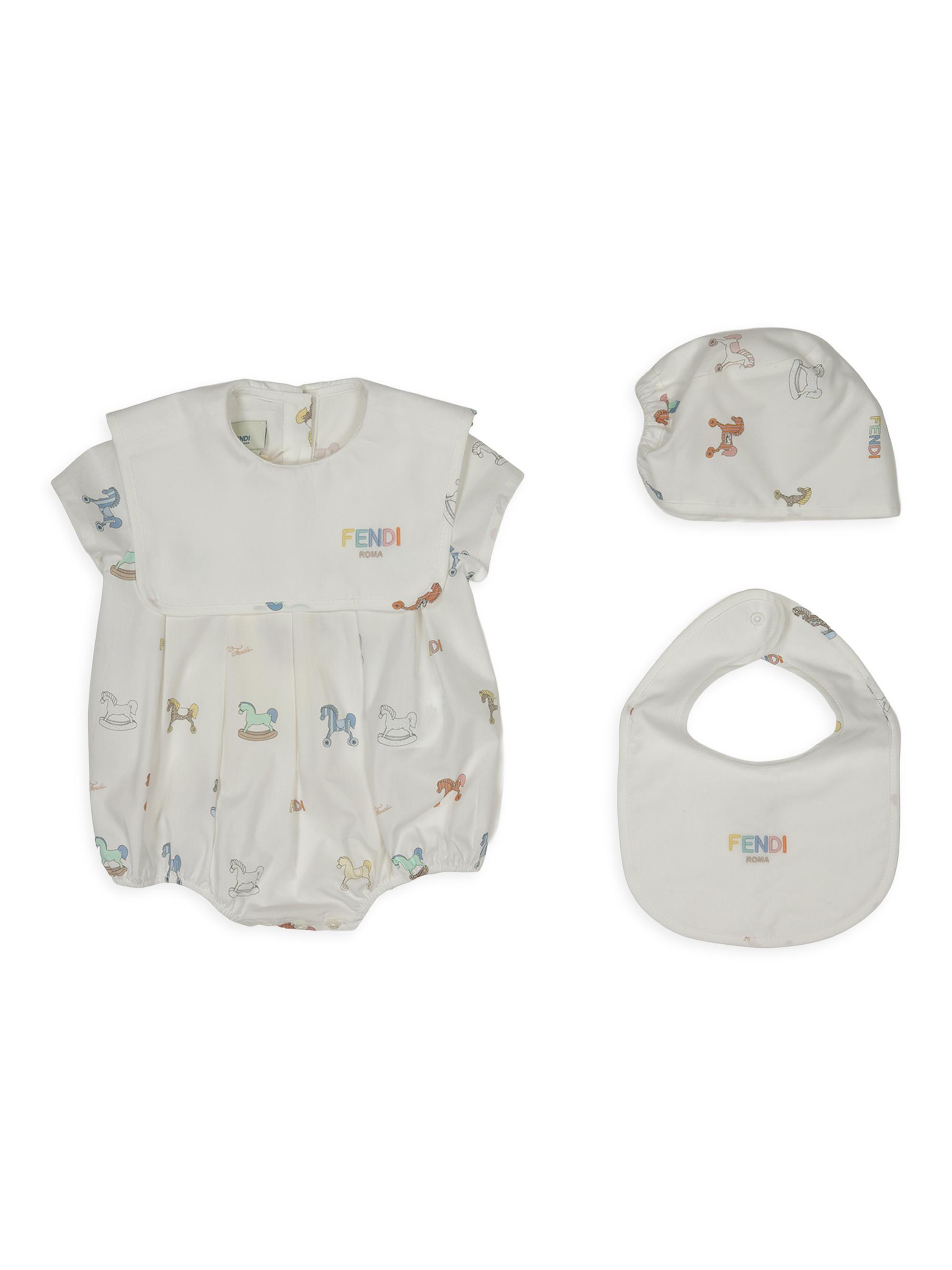 Fendi Baby's Rocking Horses Printed Romper, Bib & Hat Set 9 Months