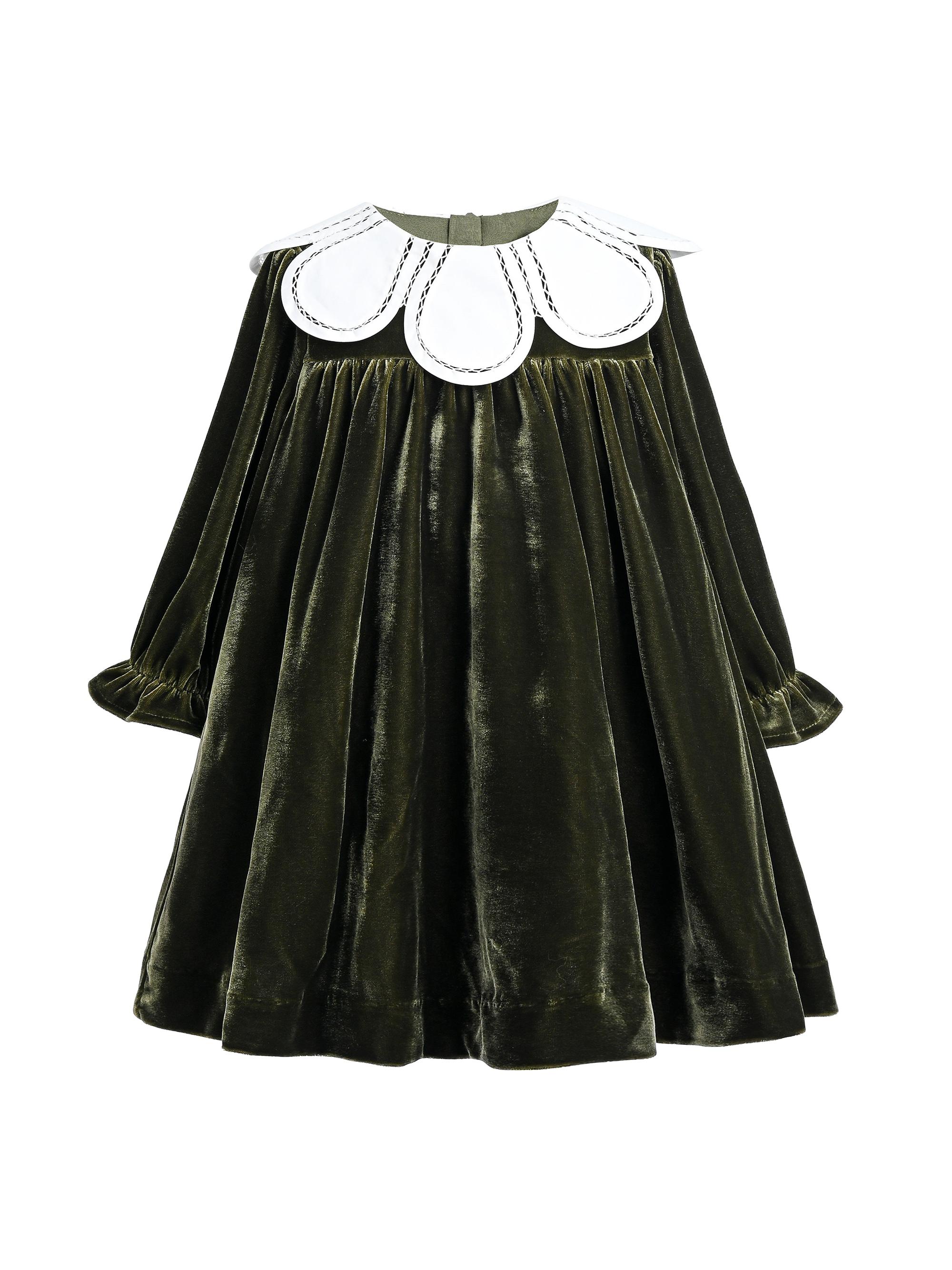 Tulleen Little Girl's Petal Velvet Dress - Olive 36 Months