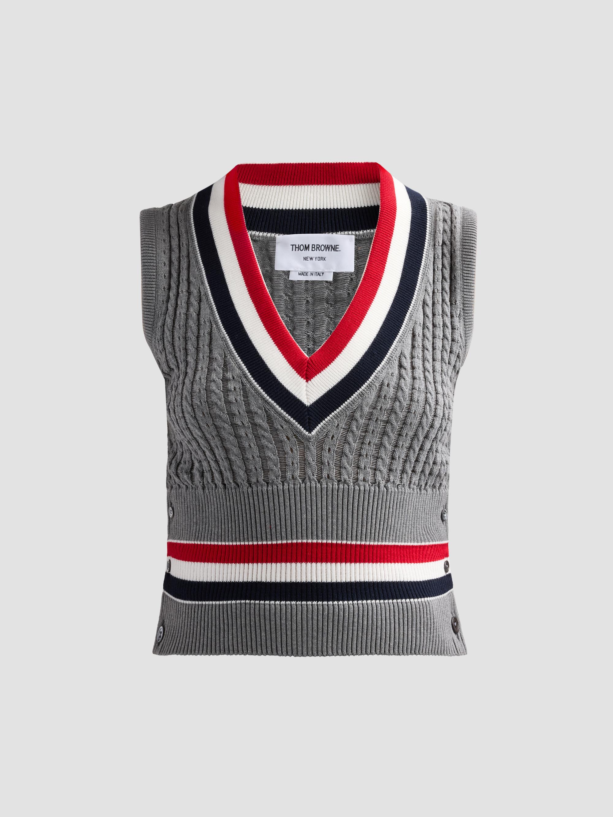 Thom Browne Women's Cricket RWB Stripe Cable Shrunken Vest - Grey - Women's Clothing
