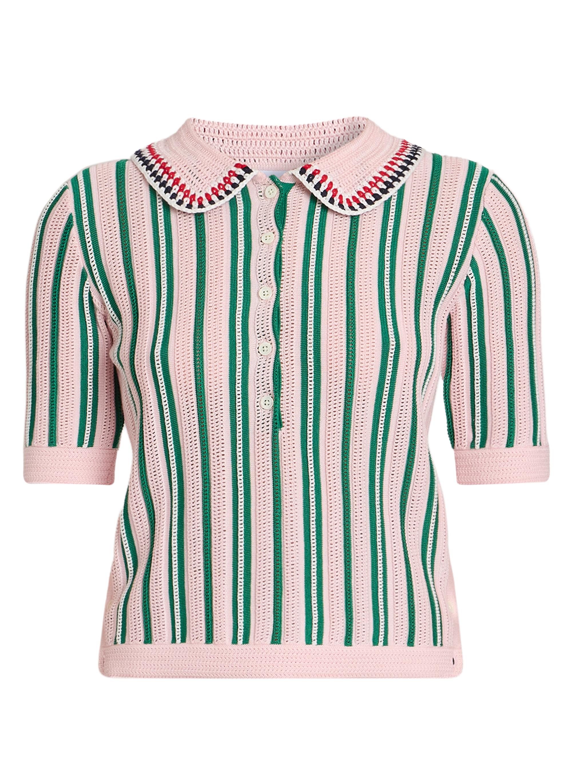 Thom Browne Women's Crochet Variegated Striped Cotton Polo Top - Lightpink