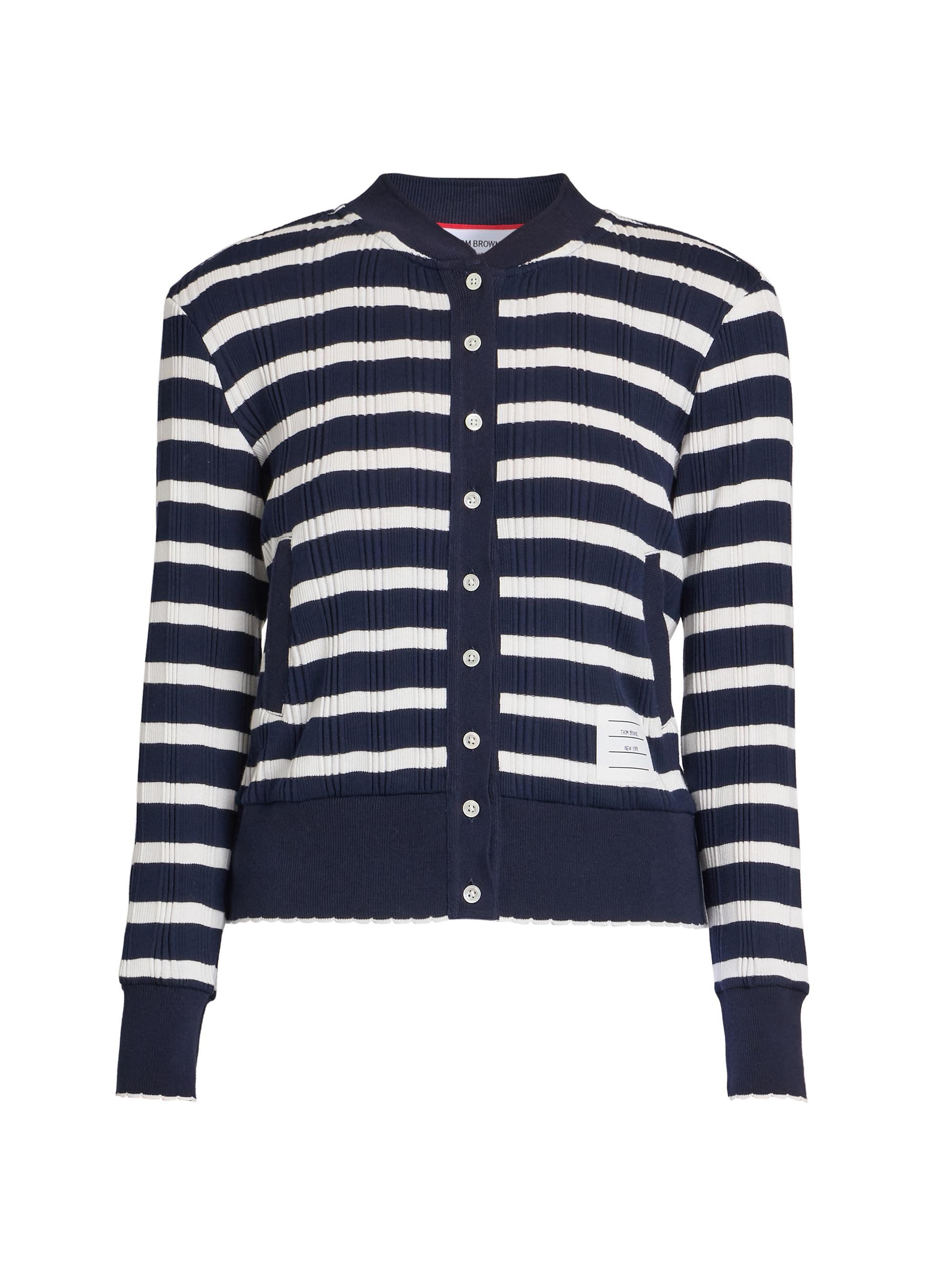 Thom Browne Women's Stripe Rib-Knit Cotton Cardigan - Navy White
