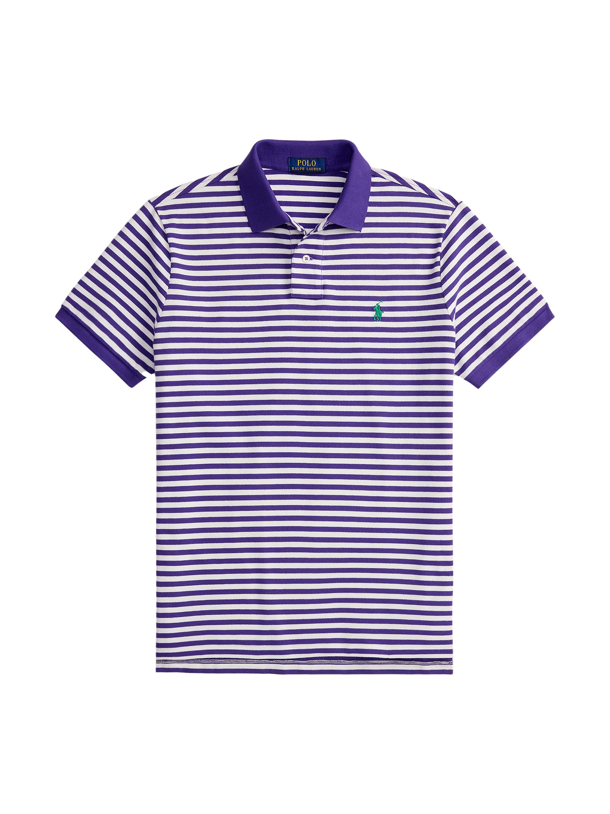 Polo Ralph Lauren Men's Striped Logo Mesh Cotton Polo Shirt - Cabana Purple White