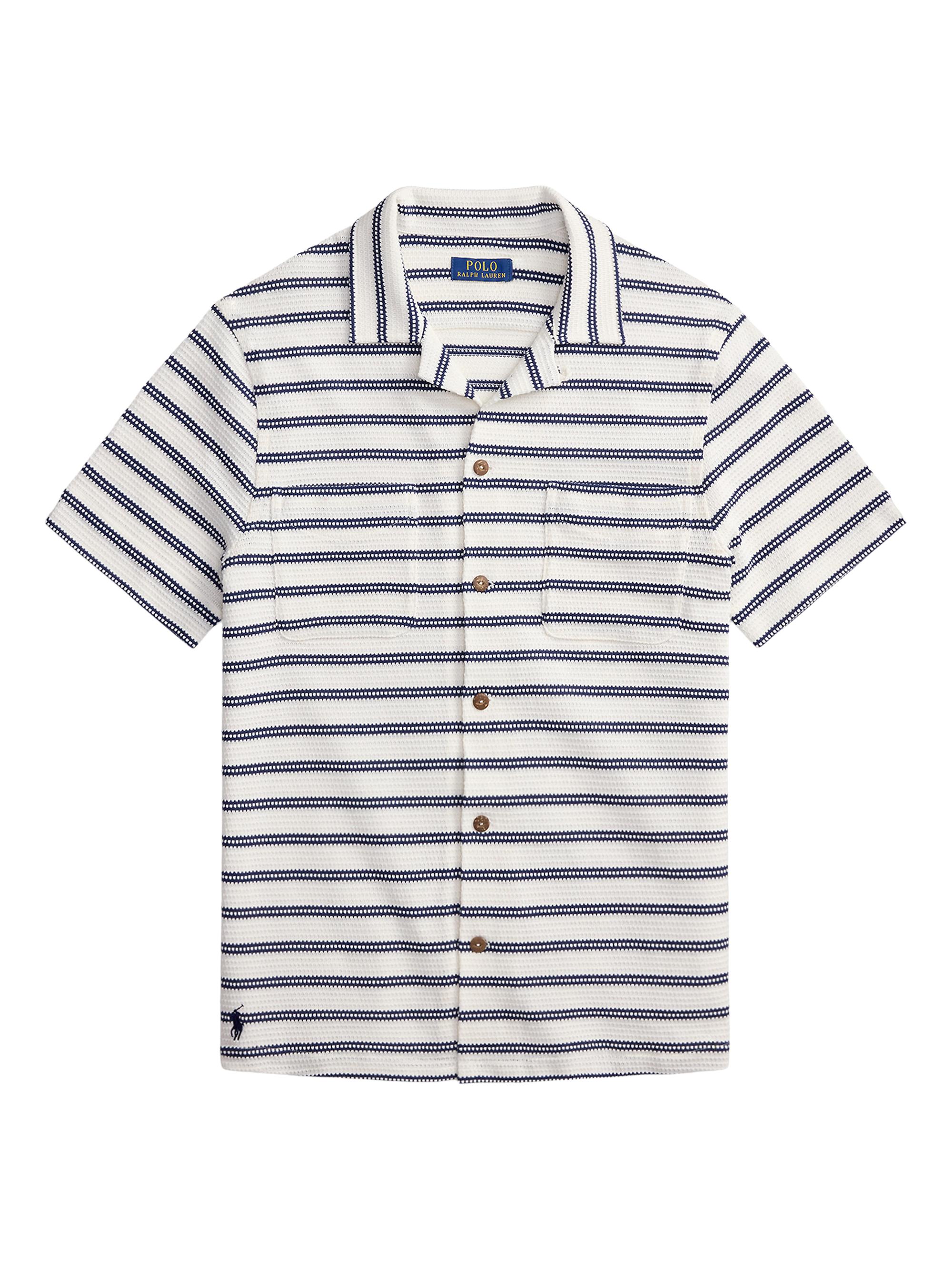 Polo Ralph Lauren Men's Striped Cotton-Blend Camp Shirt - Pale Cream Newport Navy