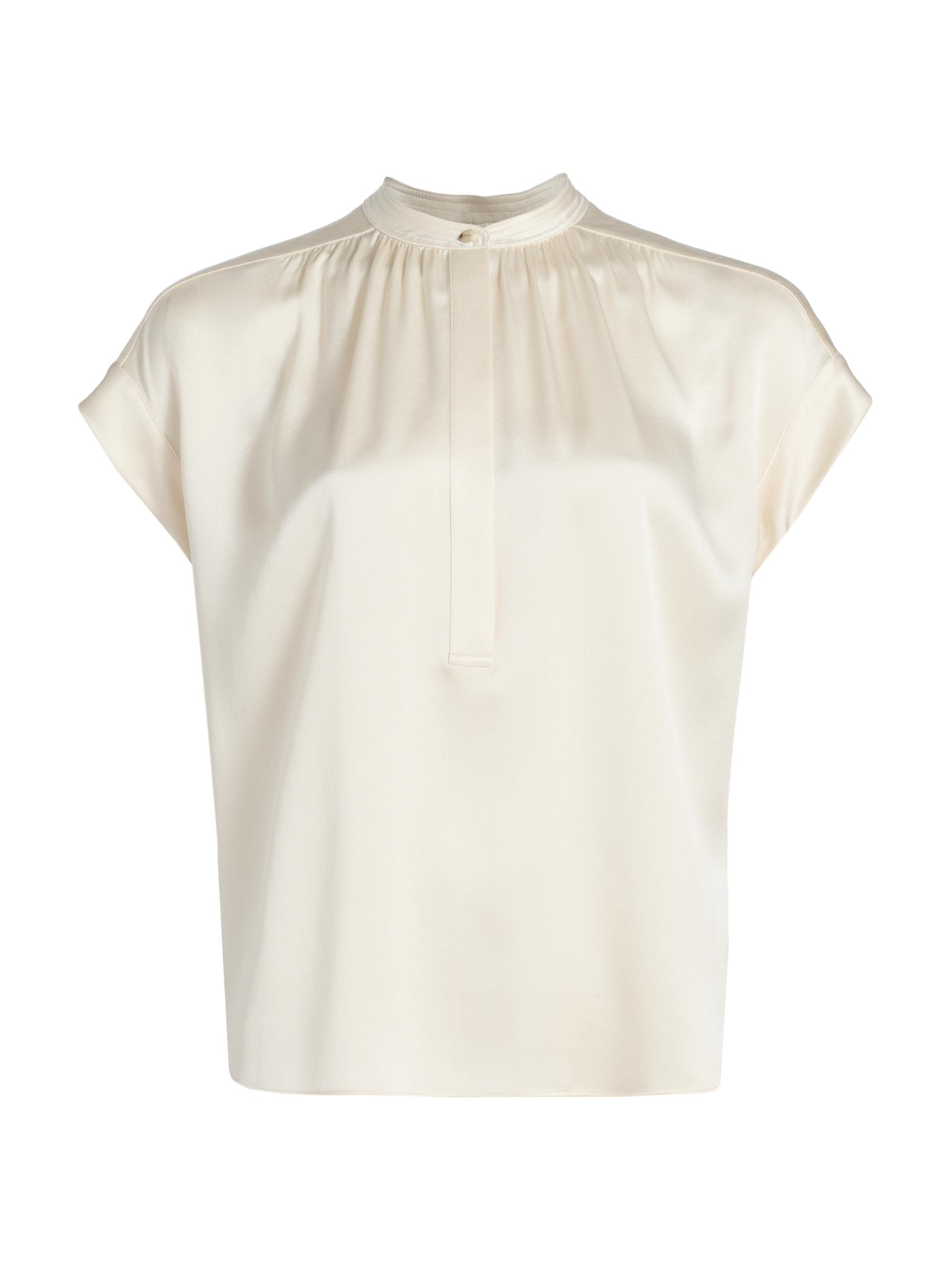 Silk Gathered Neck Cap-Sleeve Blouse