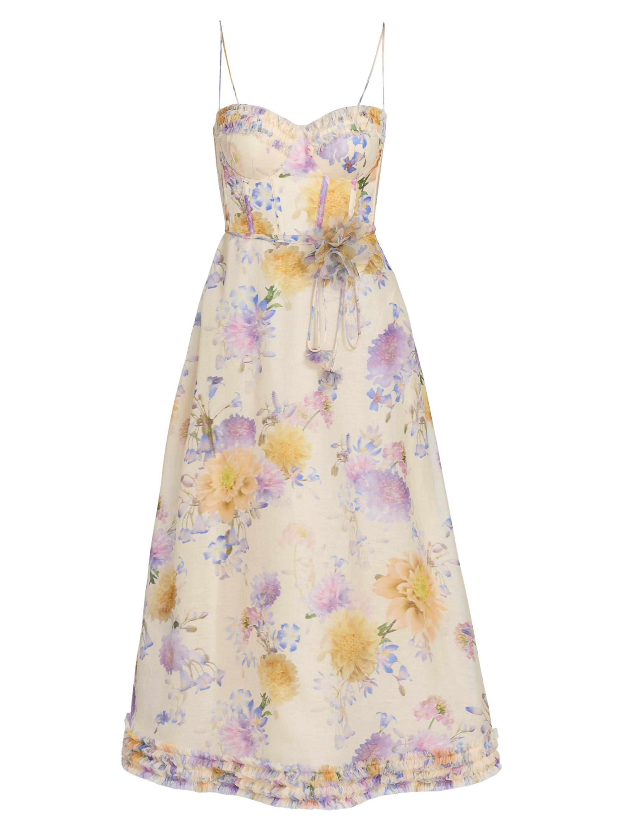 Zimmermann Women's Luna Floral Ruffle Linen-Silk Midi-Dress - Cream Dahlia