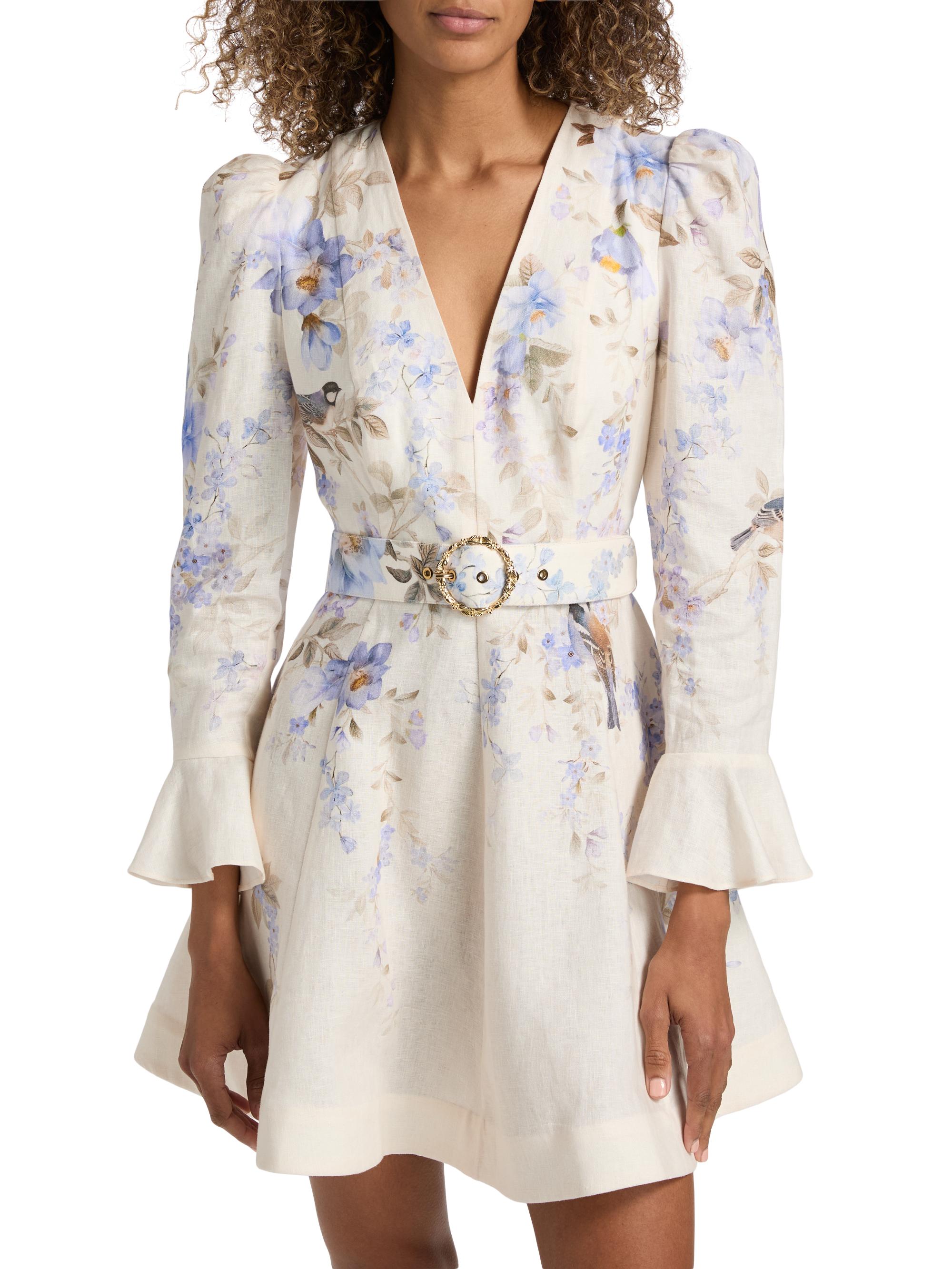 Zimmermann Luna Floral Linen Plunge Minidress | Saks Fifth Avenue
