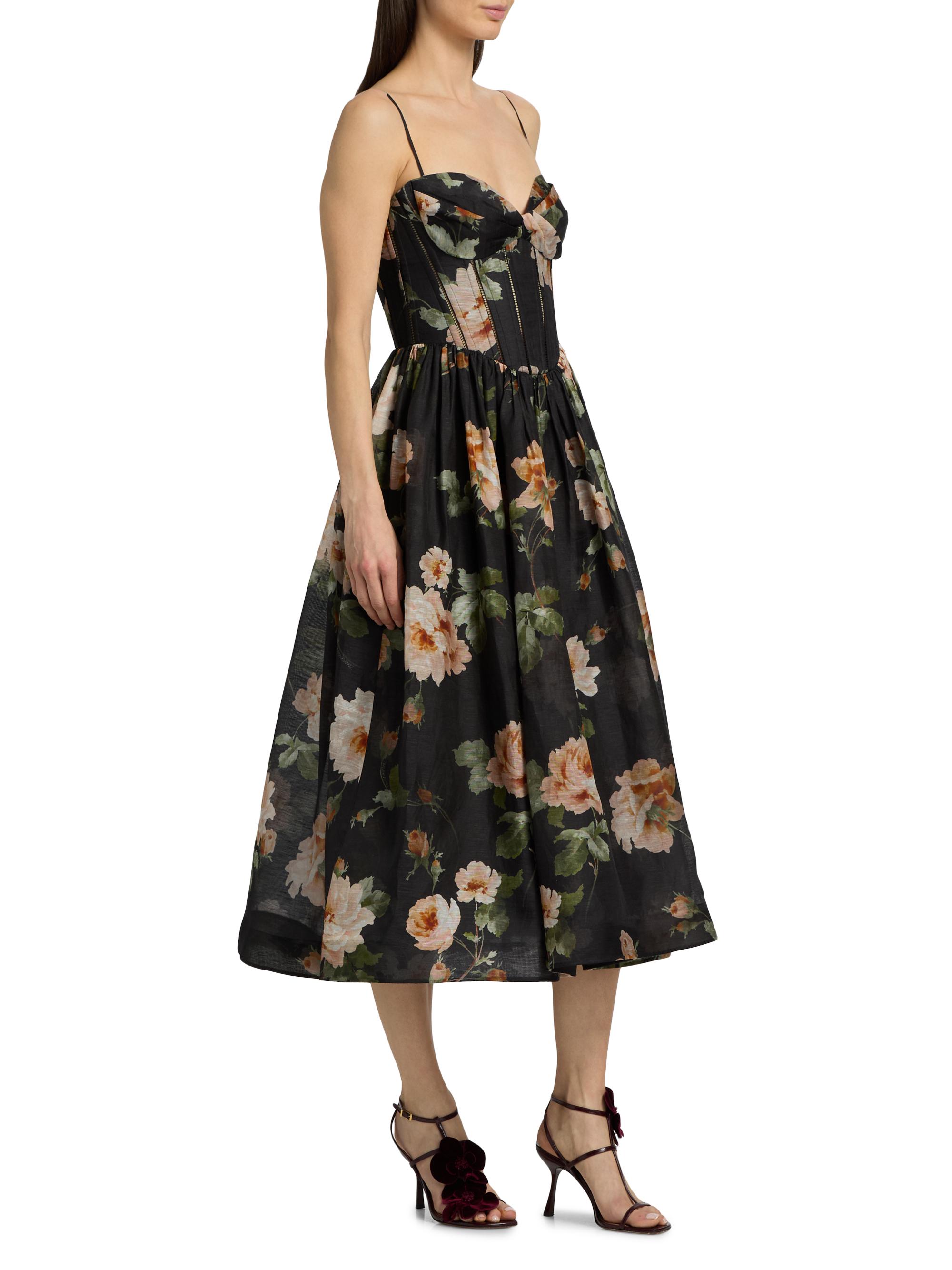 zimmermann black floral midi dress Luna floral-print linen and silk-blend midi dress - black