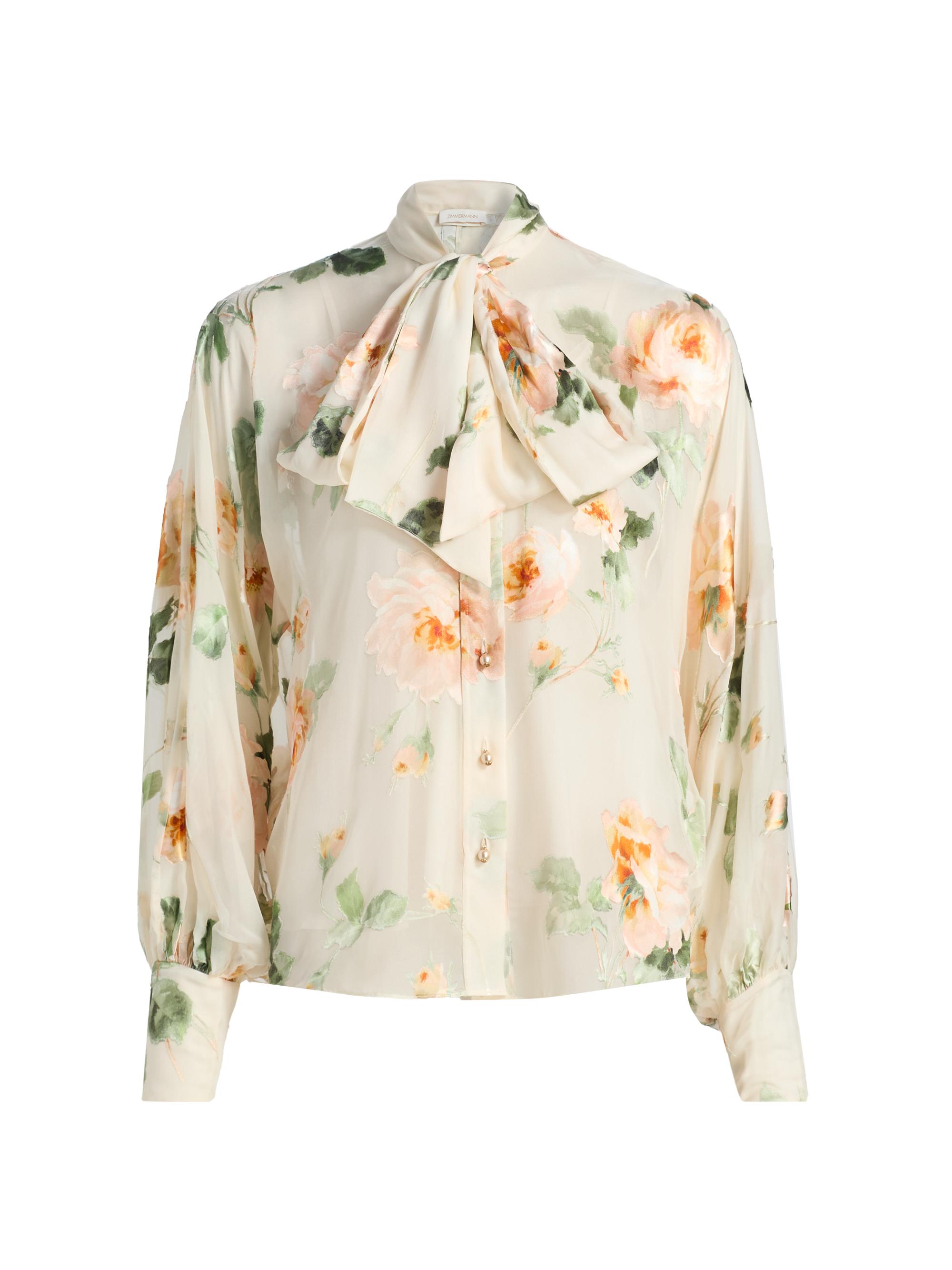 Zimmermann Women's Carousel Burnout Floral Tieneck Blouse - Cream Rose