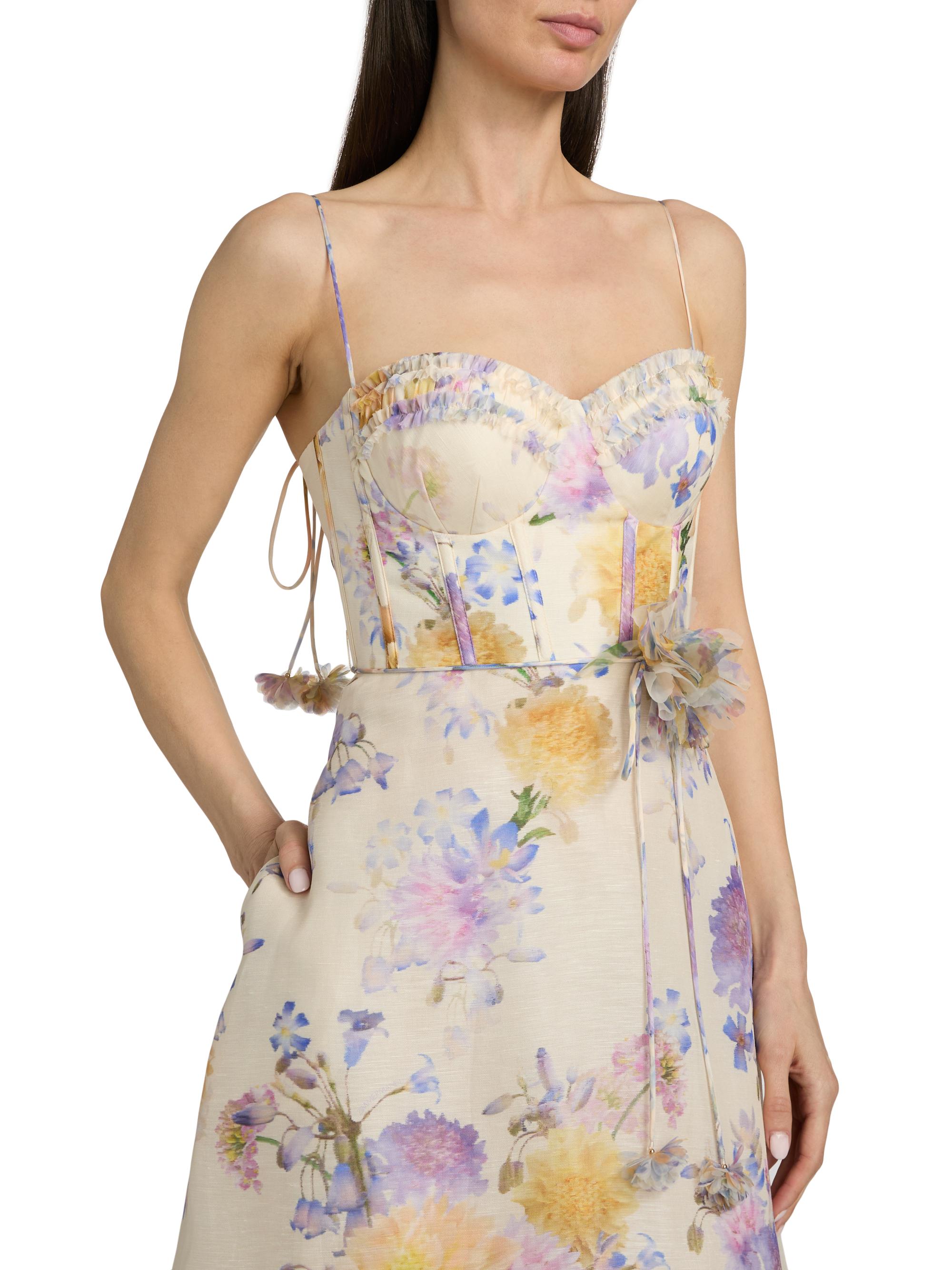 Zimmermann Luna Floral Linen-Silk Ruffle Midi-Dress | Saks Fifth Avenue