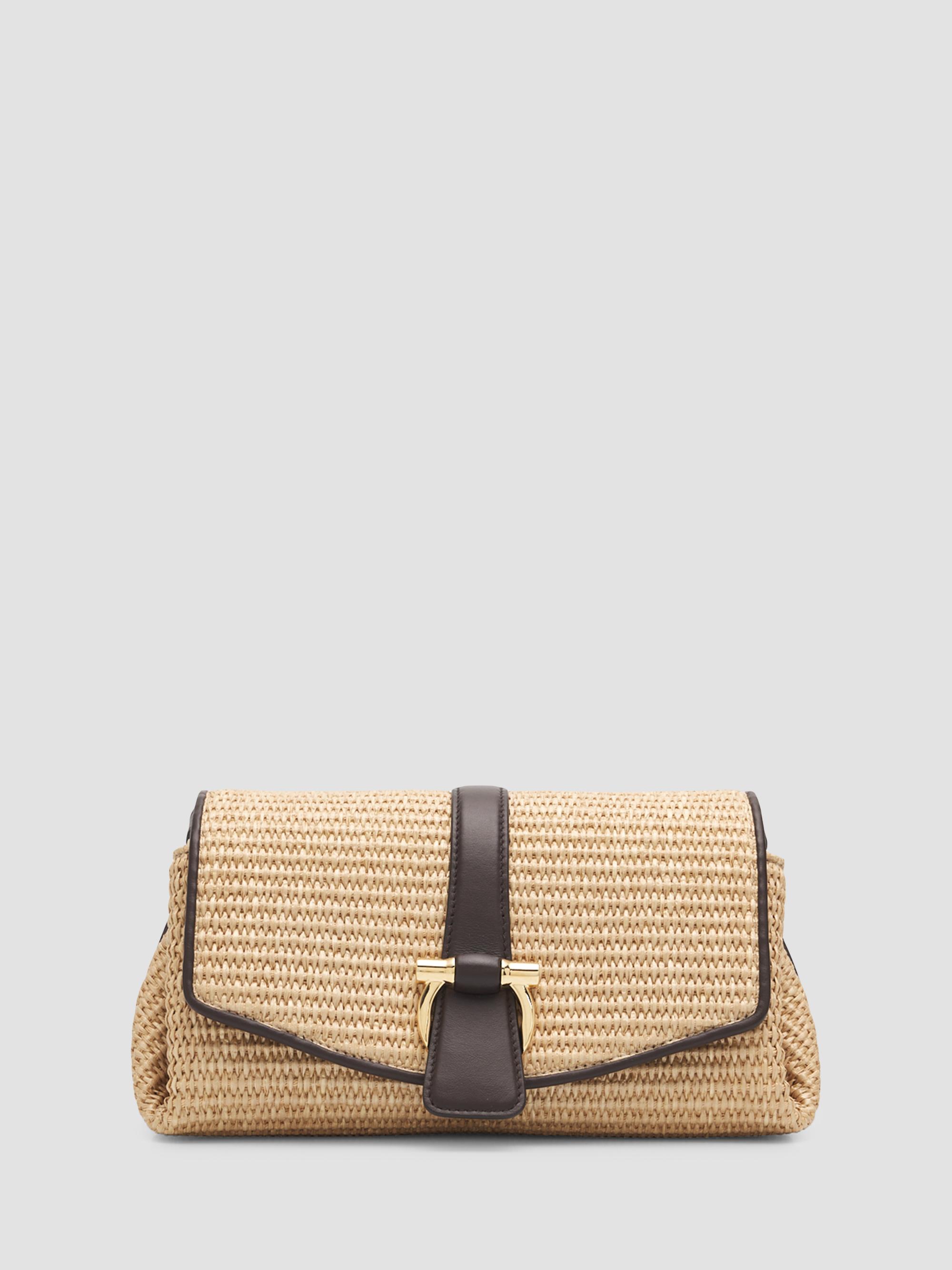 FERRAGAMO New Line Leather-Trimmed Raffia Shoulder Bag | Saks
