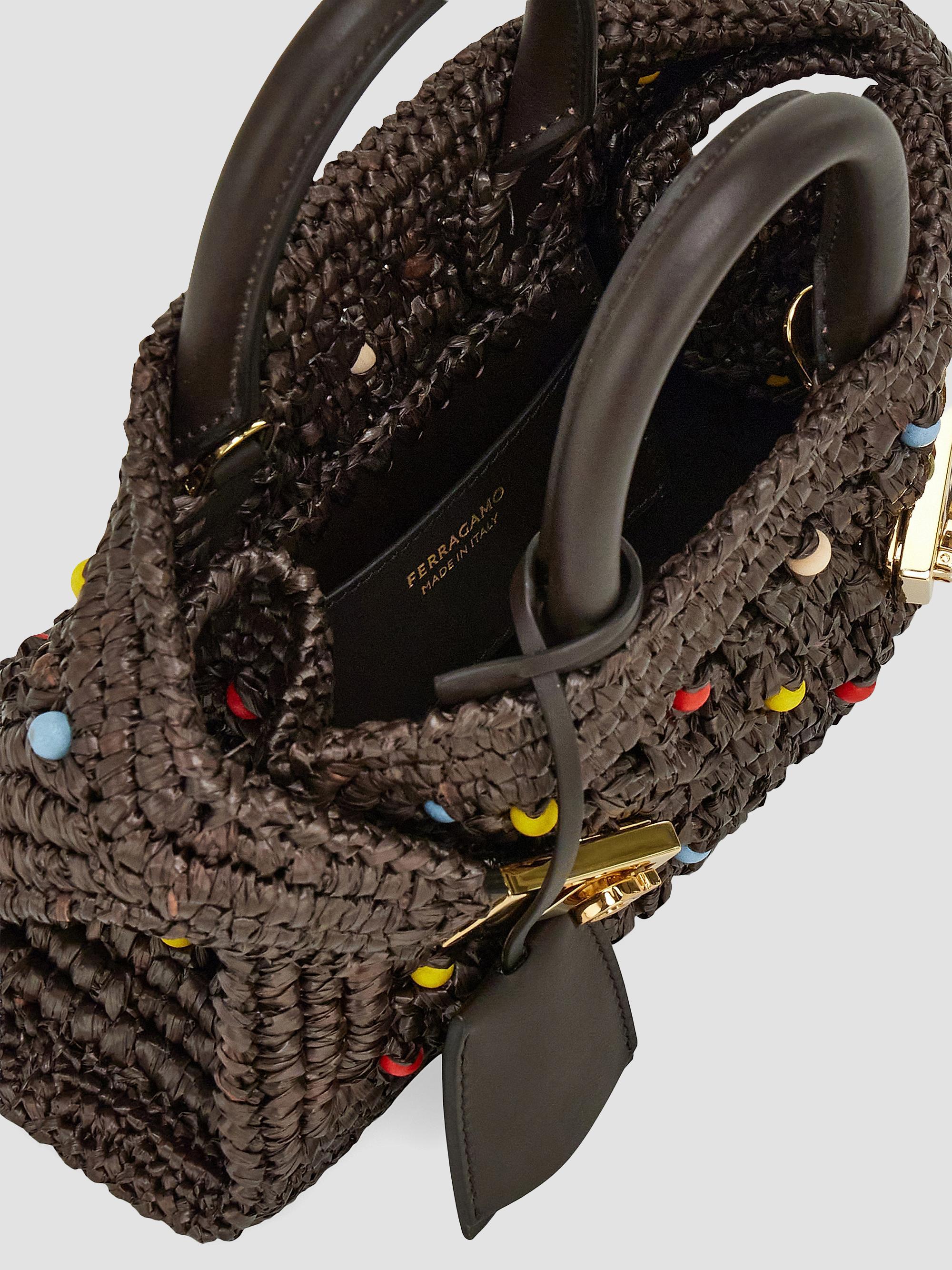 FERRAGAMO Women's Hug Mini Raffia & Leather Top Handle Bag - Moro Multicolor | Thumbnail 5