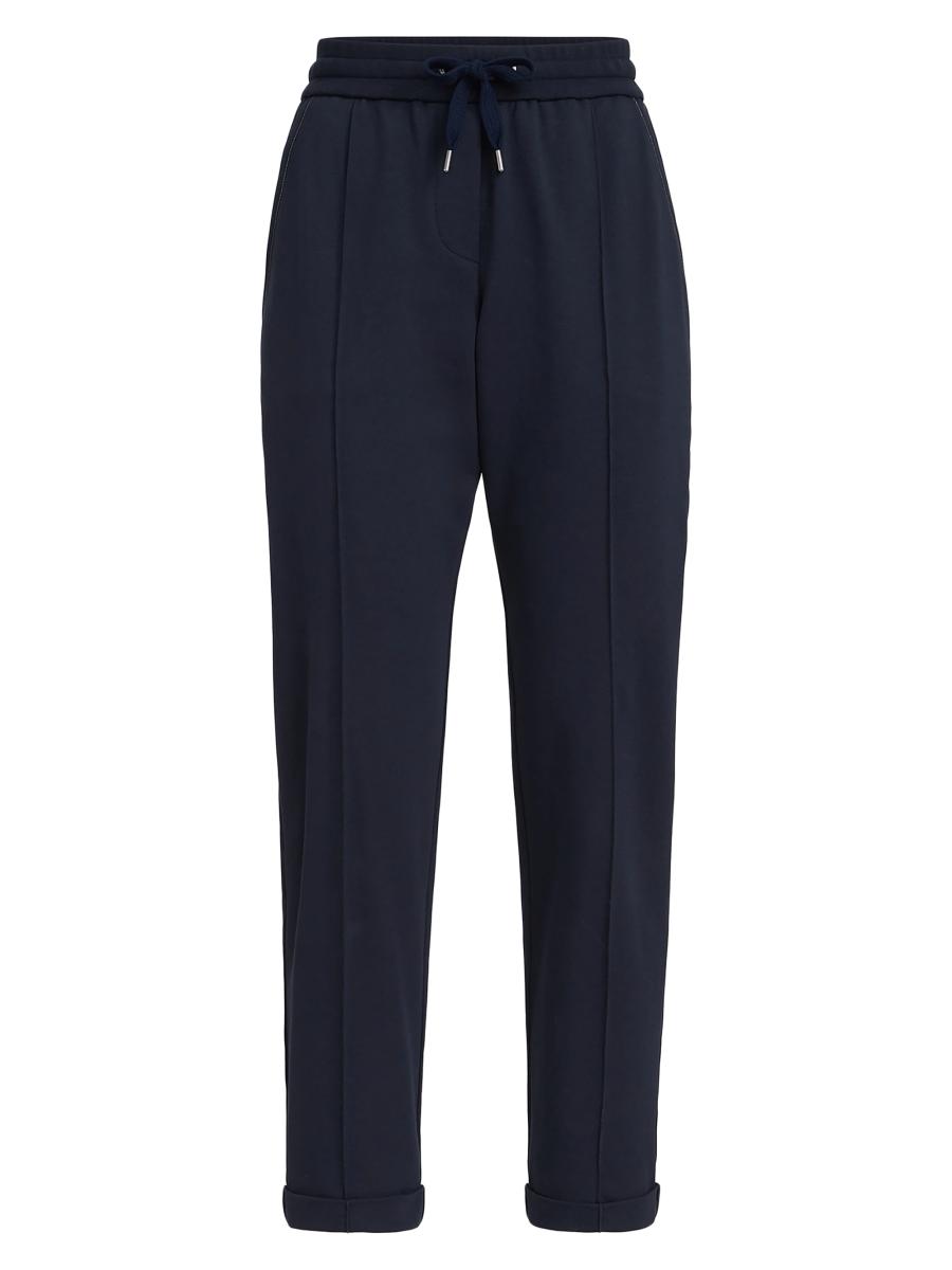 Brunello Cucinelli Women's Stretch Cotton Lightweight French Terry Track Trousers With Monili In Blue