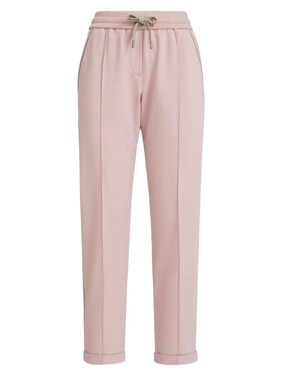 Brunello Cucinelli Women's Stretch Cotton Lightweight French Terry Track Trousers With Monili In Pink