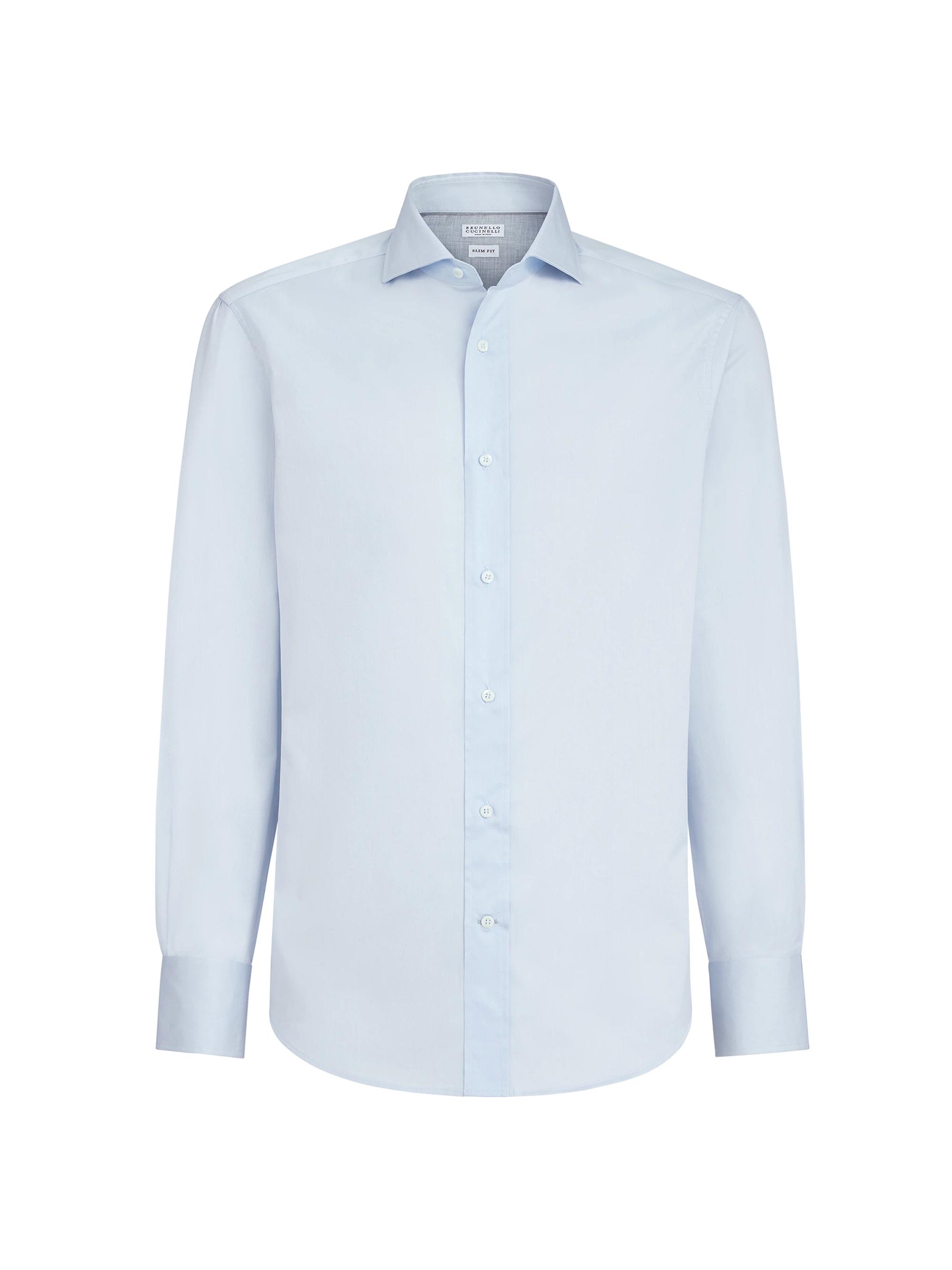 Brunello Cucinelli Men's Twill Slim Fit Shirt with Spread Collar - Azure