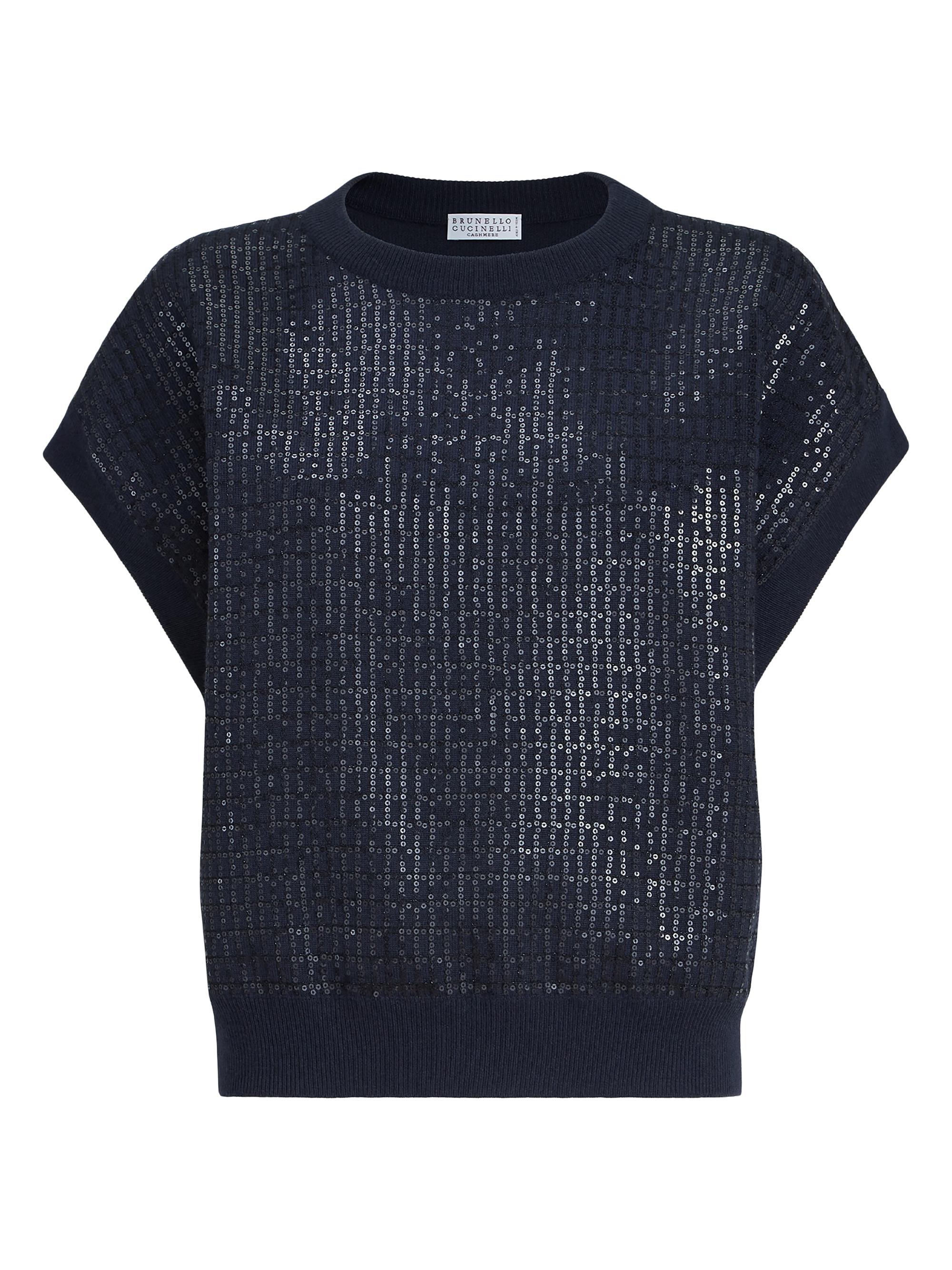 Brunello Cucinelli Women's Virgin Wool, Cashmere and Silk Sweater with Dazzling Check Embroidery - Blue