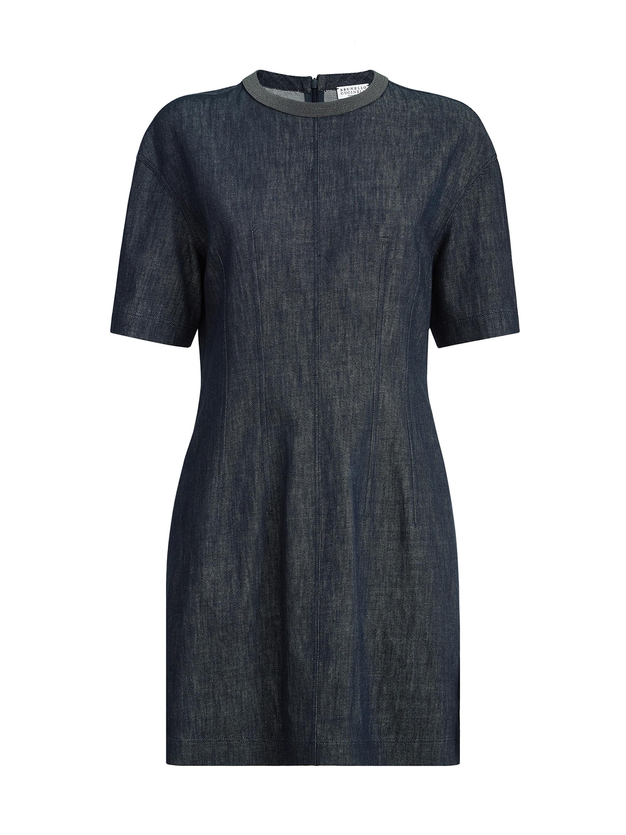 Brunello Cucinelli Women's Cotton Denim Effect Twill T-Shirt Dress with Precious Collar - Denim
