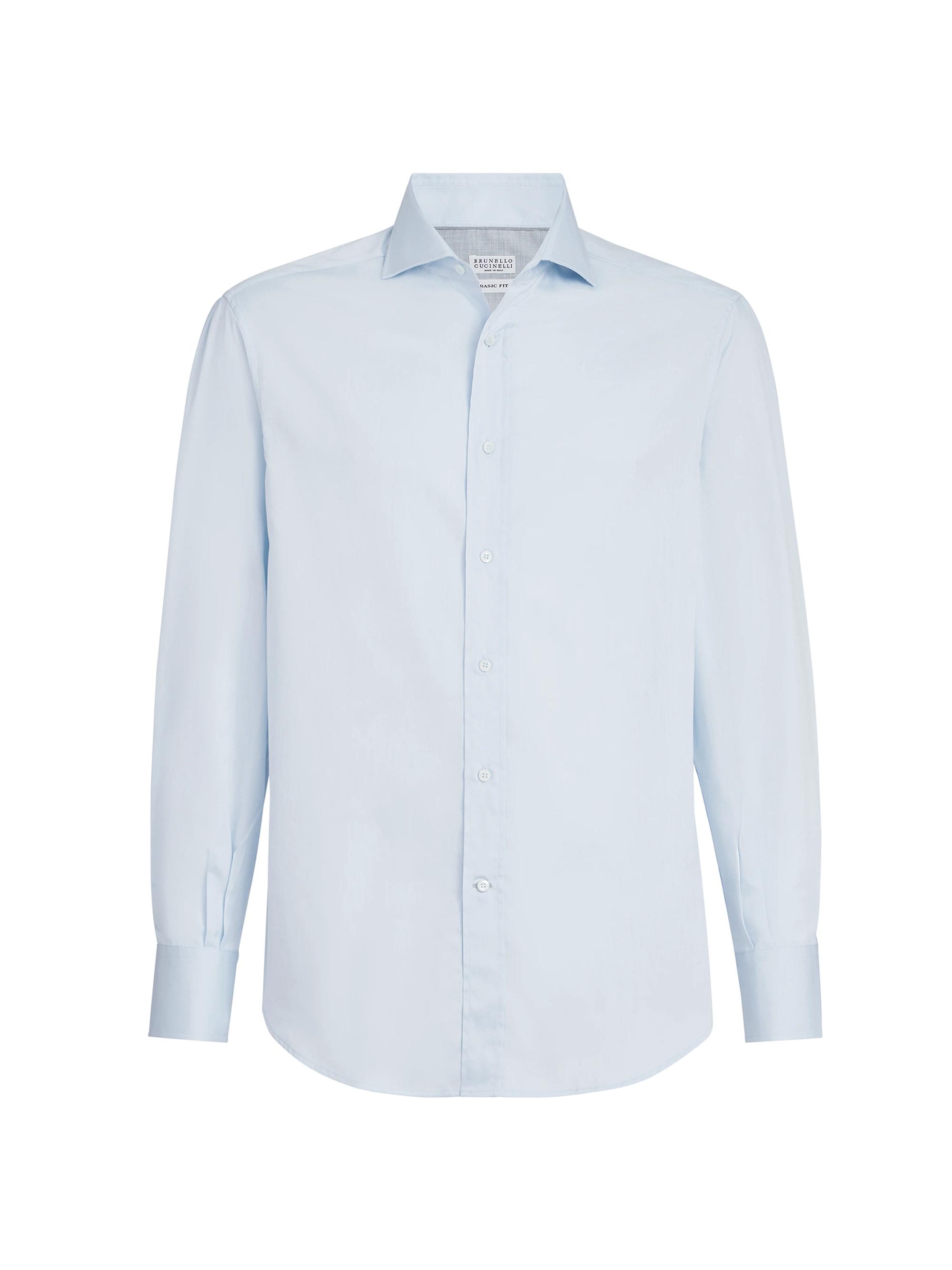 Brunello Cucinelli Men's Twill Basic Fit Shirt with Spread Collar - Azure