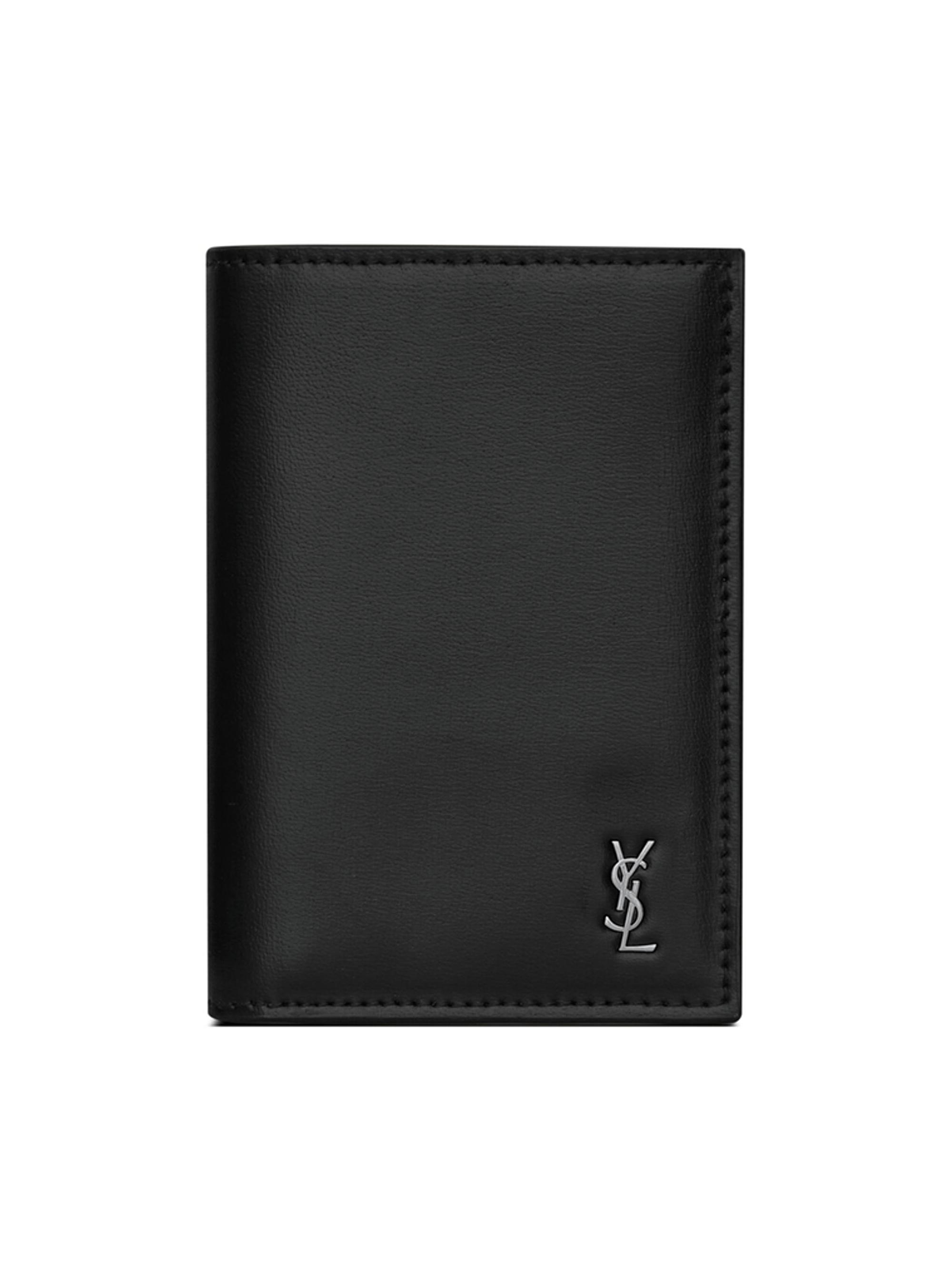 Saint Laurent Tiny Cassandre Credit Card Wallet in Shiny Leather