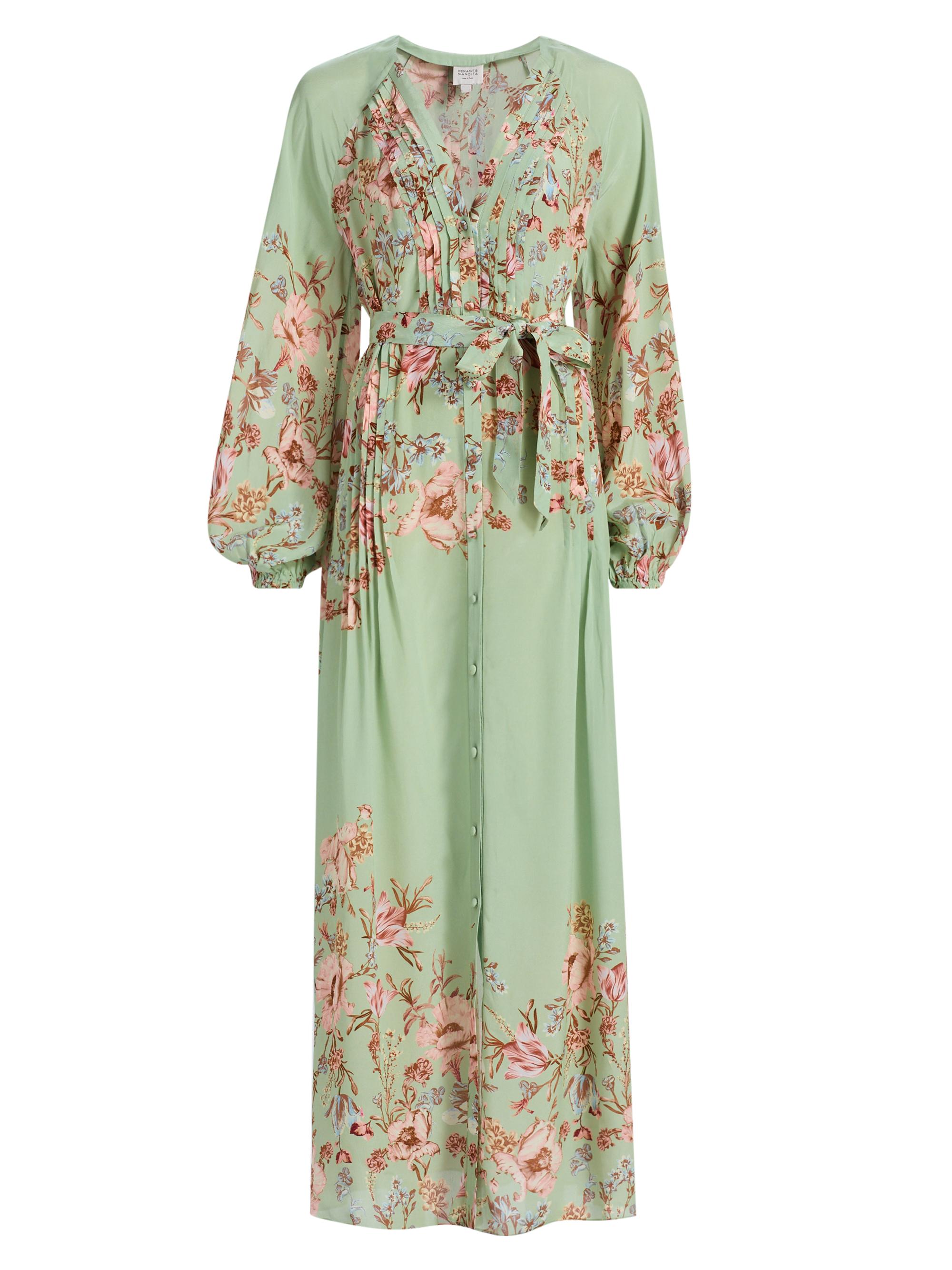 Hemant & Nandita Women's Floral Pintuck Maxi Shirtdress - Green