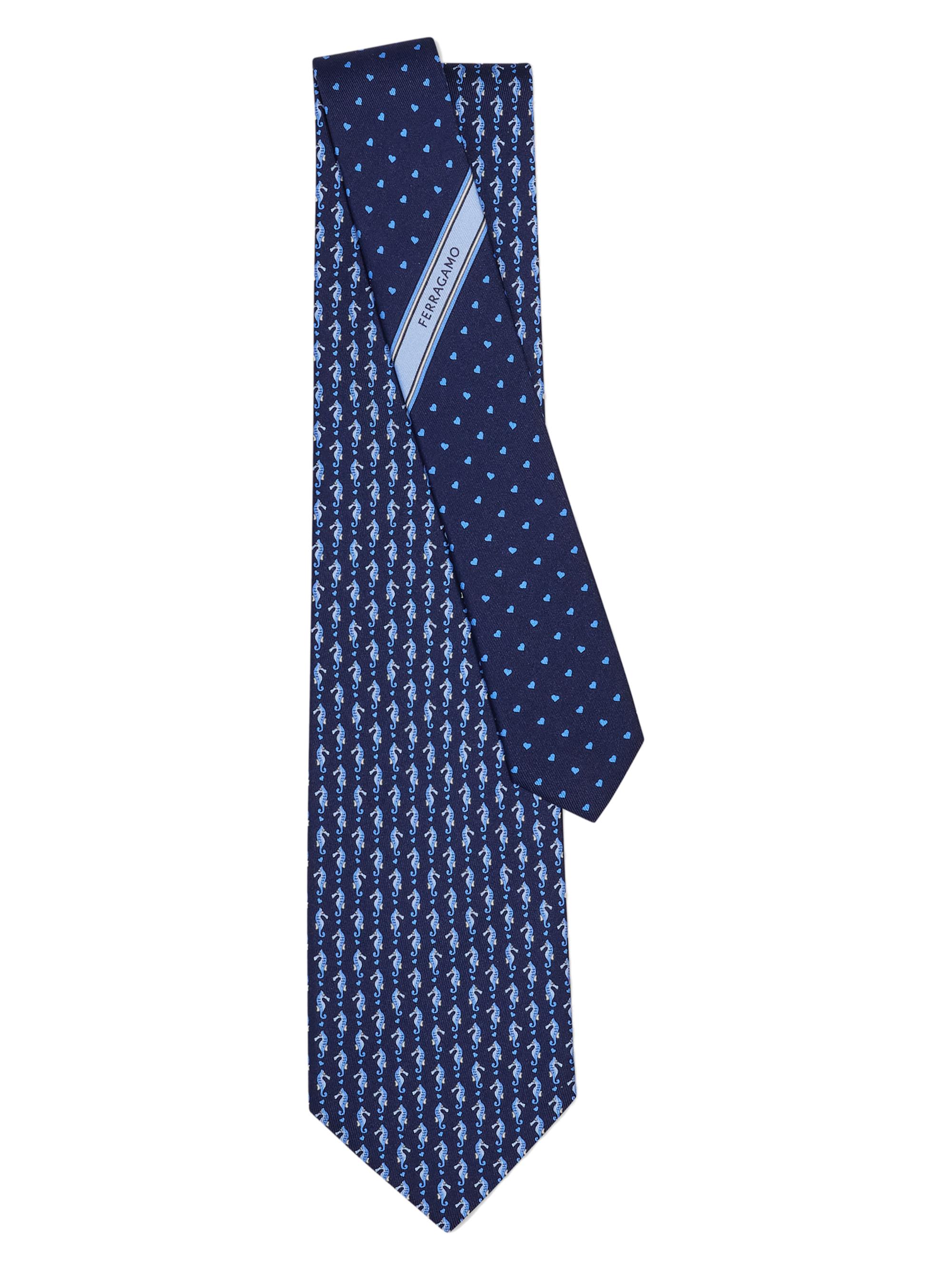 FERRAGAMO Men's Seahorse and Mini Hearts Silk Tie - Navy | Thumbnail 2