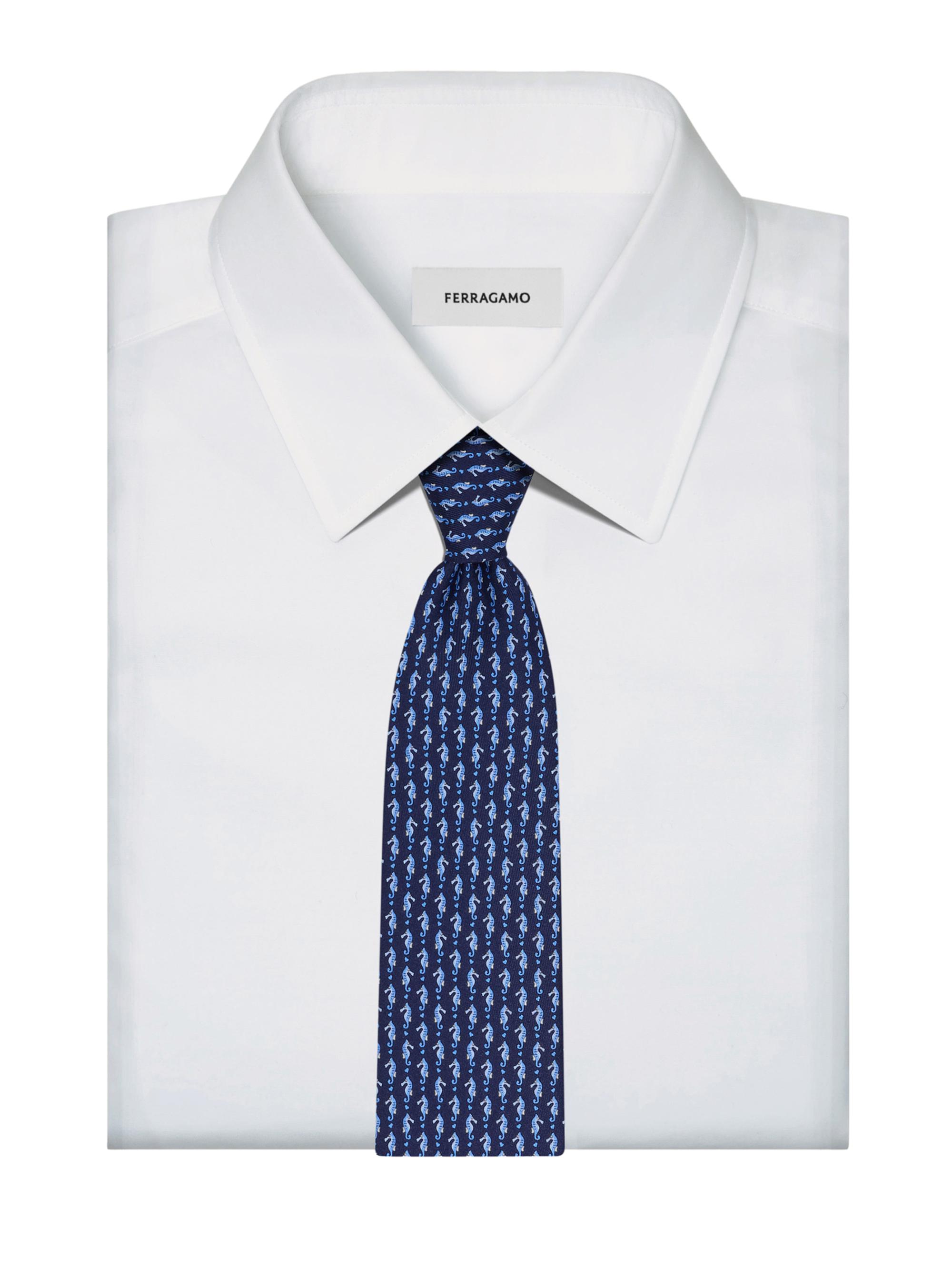 FERRAGAMO Men's Seahorse and Mini Hearts Silk Tie - Navy | Thumbnail 3