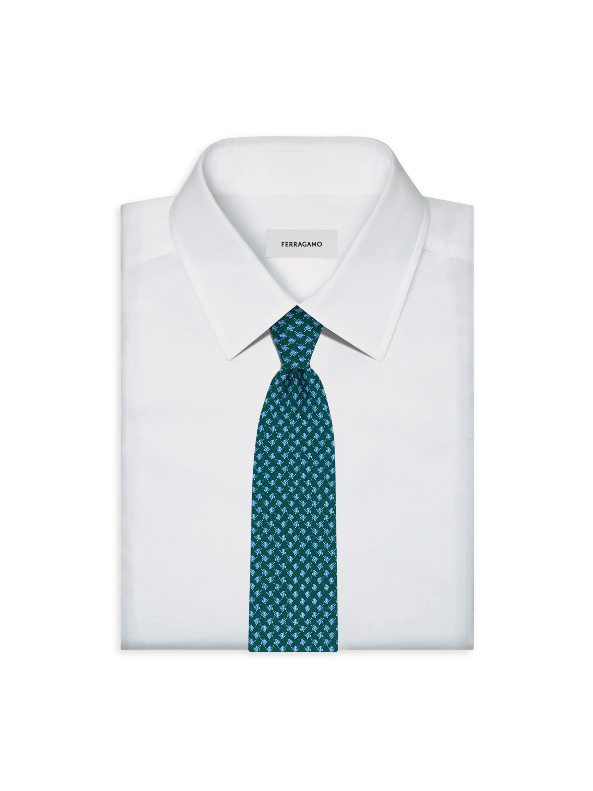 FERRAGAMO Men's Fish Gancini Silk Tie - Verde | Thumbnail 2