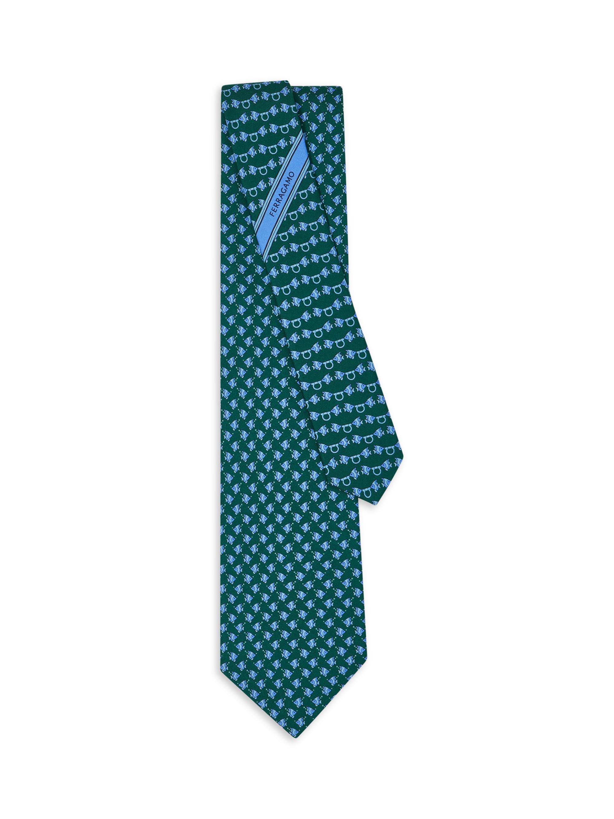 FERRAGAMO Men's Fish Gancini Silk Tie - Verde | Thumbnail 3
