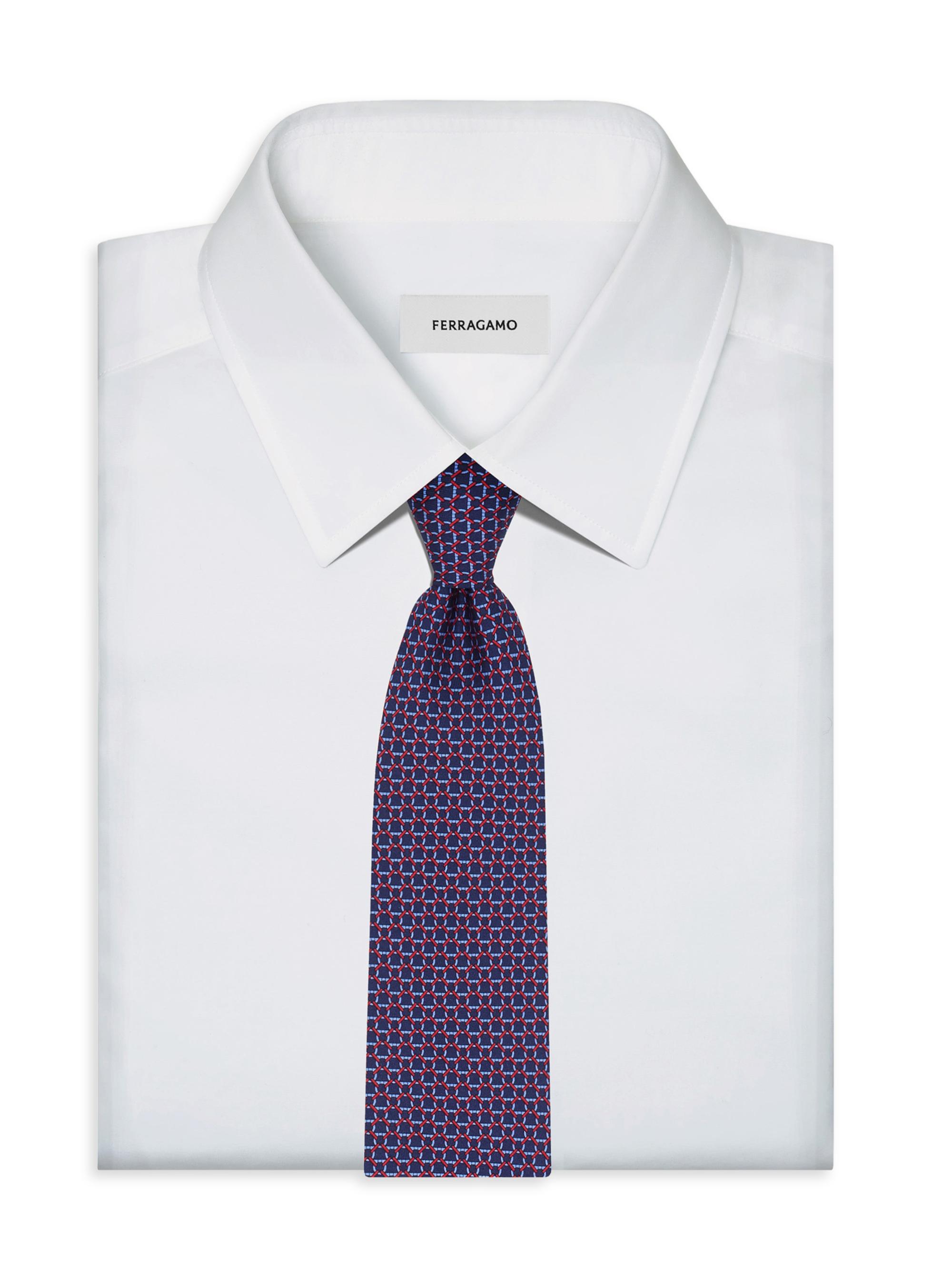 FERRAGAMO Men's Interlocking Gancini Silk Tie - Navy Rosso | Thumbnail 2