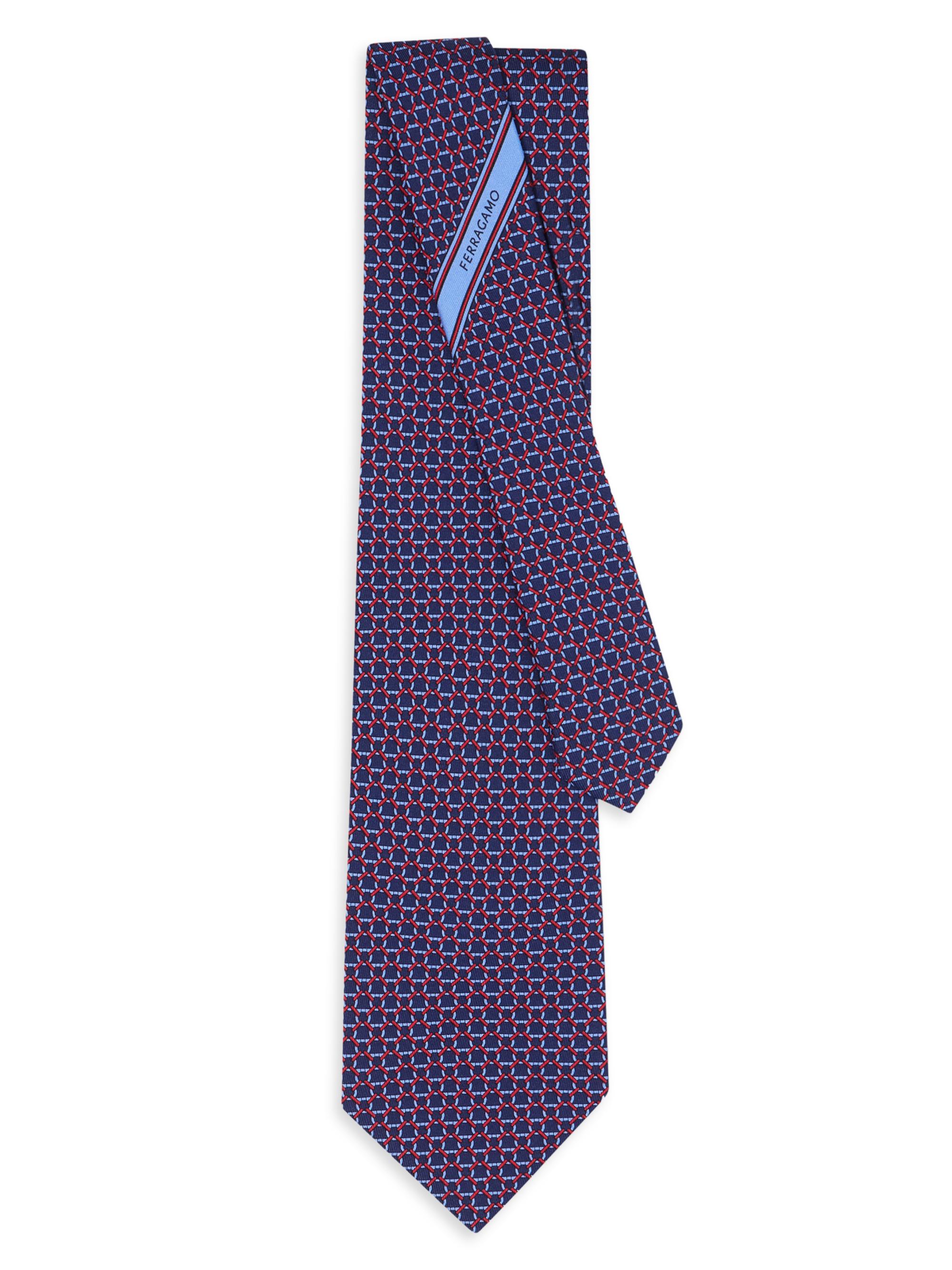 FERRAGAMO Men's Interlocking Gancini Silk Tie - Navy Rosso | Thumbnail 3