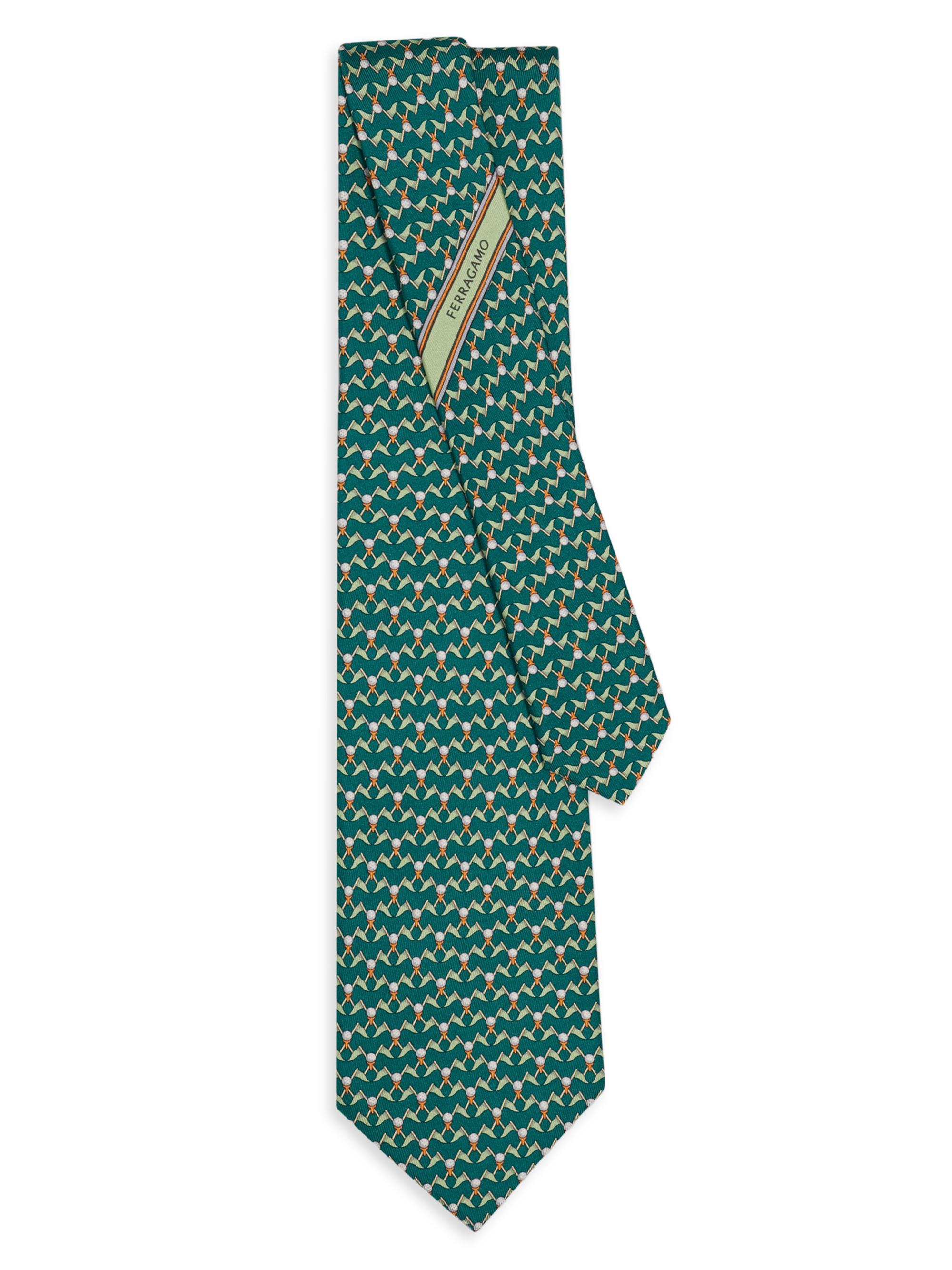 FERRAGAMO Men's Golf-Print Silk Tie - Verde Bosco | Thumbnail 3