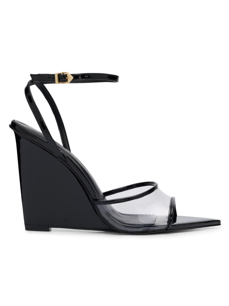Schutz Women's Elodie Vinyl 110mm Patent Leather Wedge-heel Sandals In Black