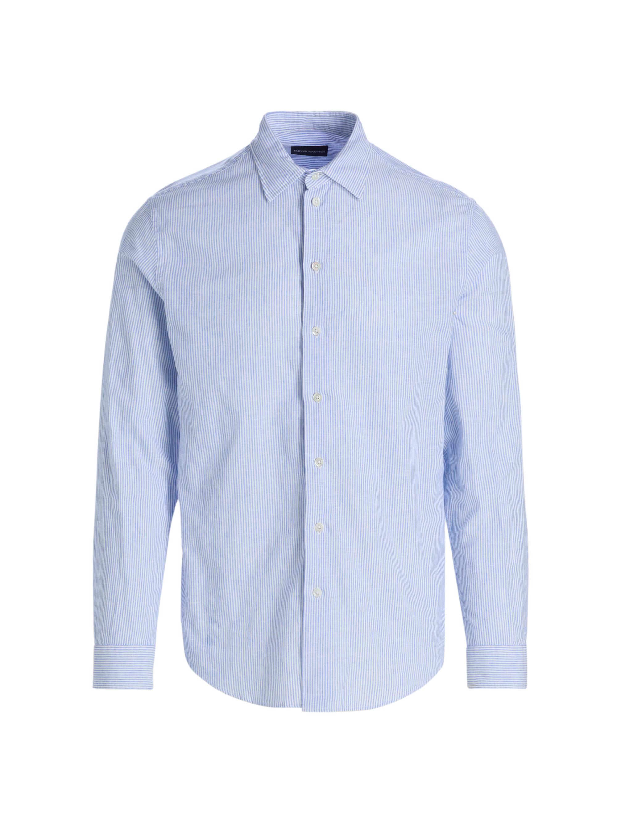 Emporio Armani Men's Pinstriped Linen-Cotton Button-Front Shirt - Light Blue Fancy