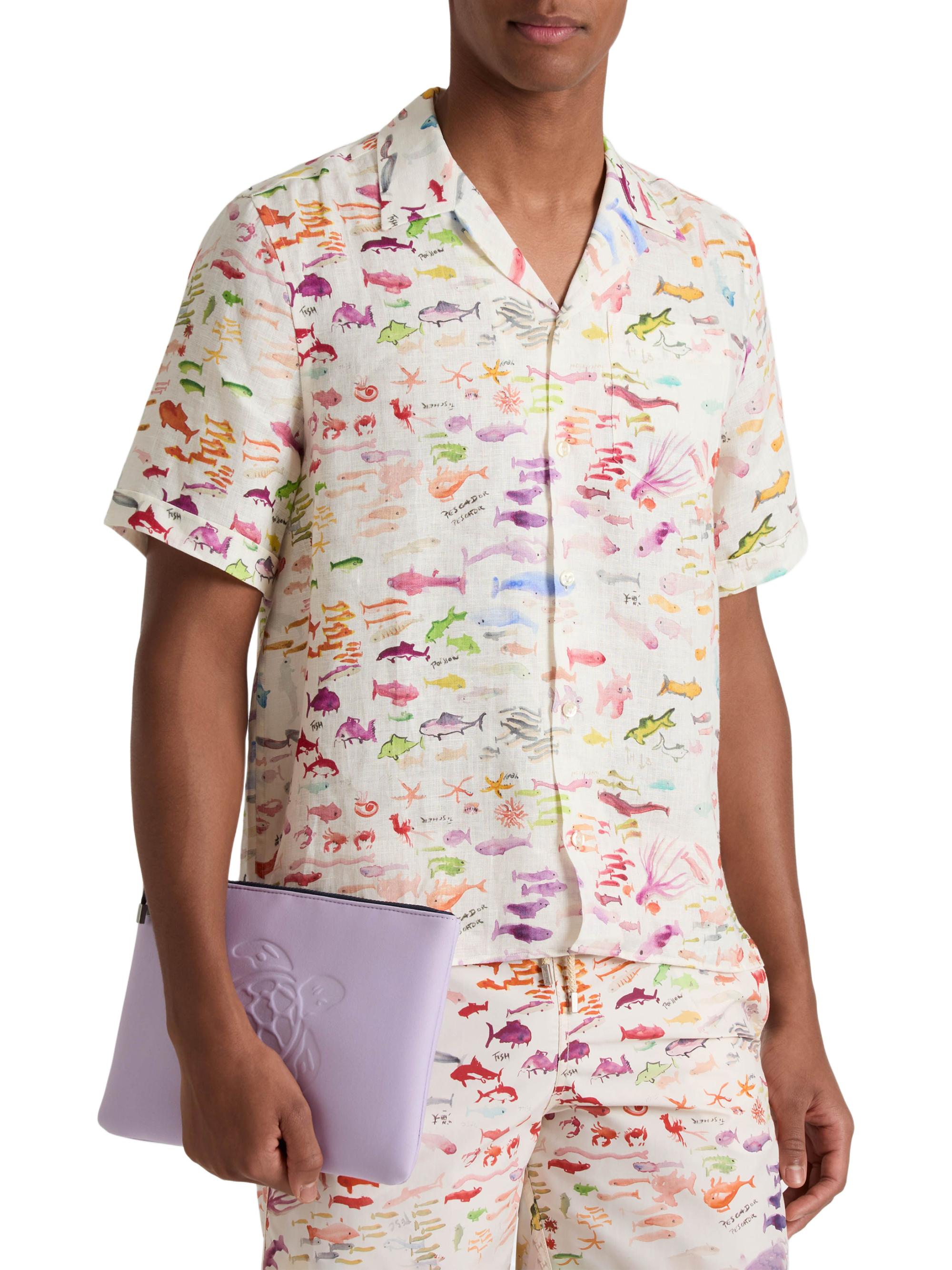 Vilebrequin Men's  X Fabrice Hyber Pescador Linen Bowling Shirt - Paper | Thumbnail 4