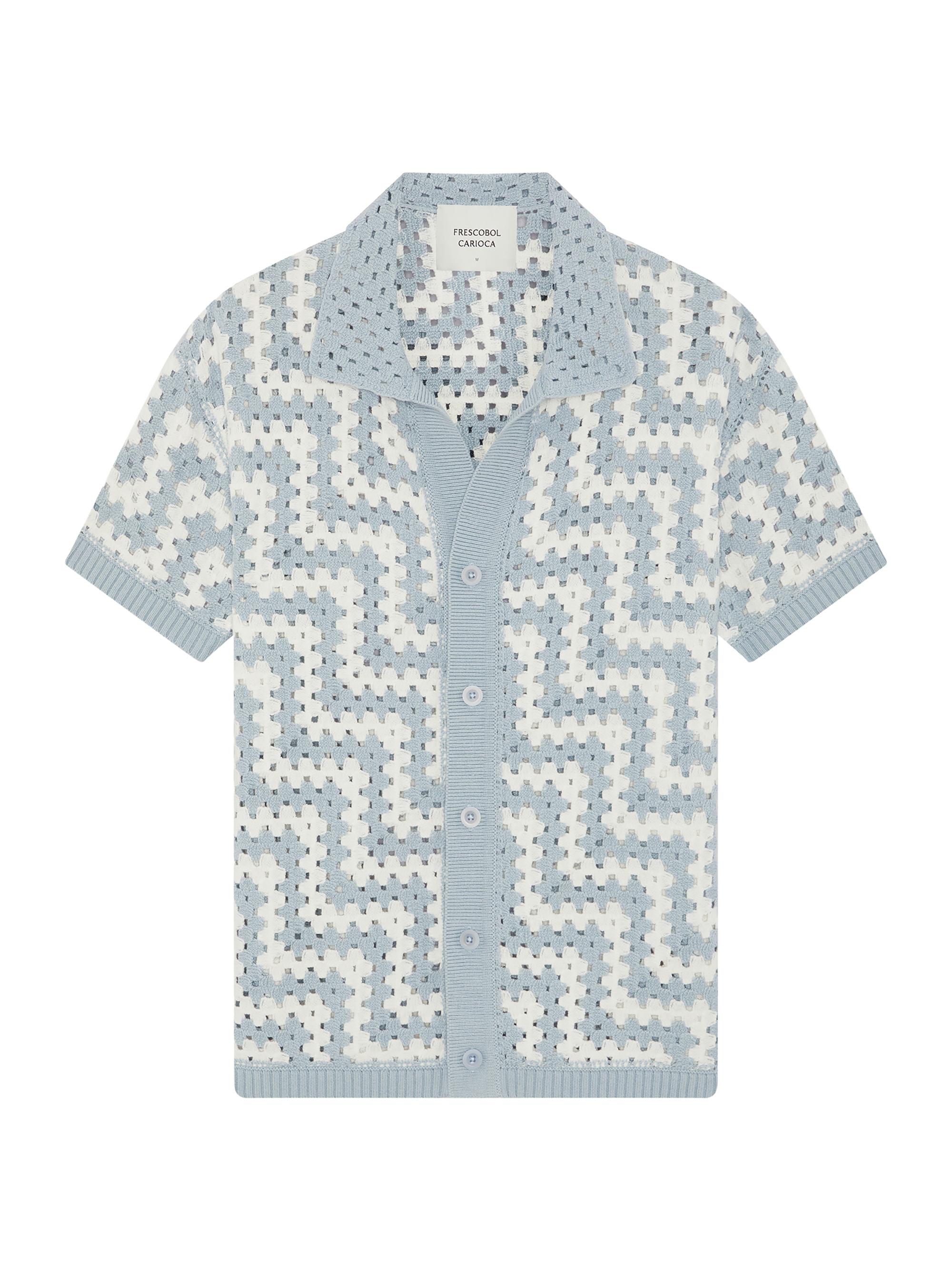 Frescobol Carioca Men's Pinto Crochet Cotton Short-Sleeve Cardigan - Coastal Blue