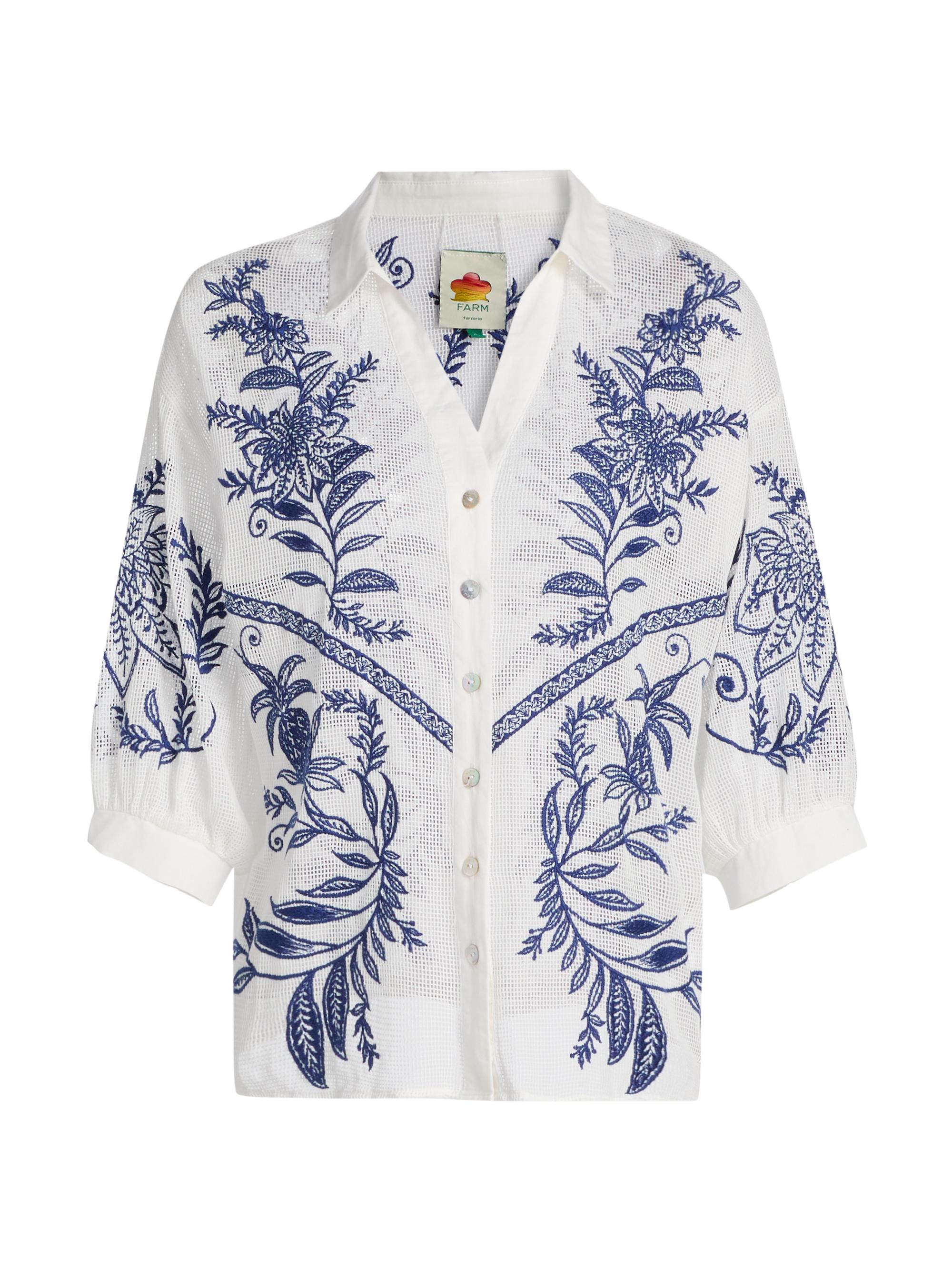 Farm Rio Women's Nina Embroidered Cotton Blouse - Off White