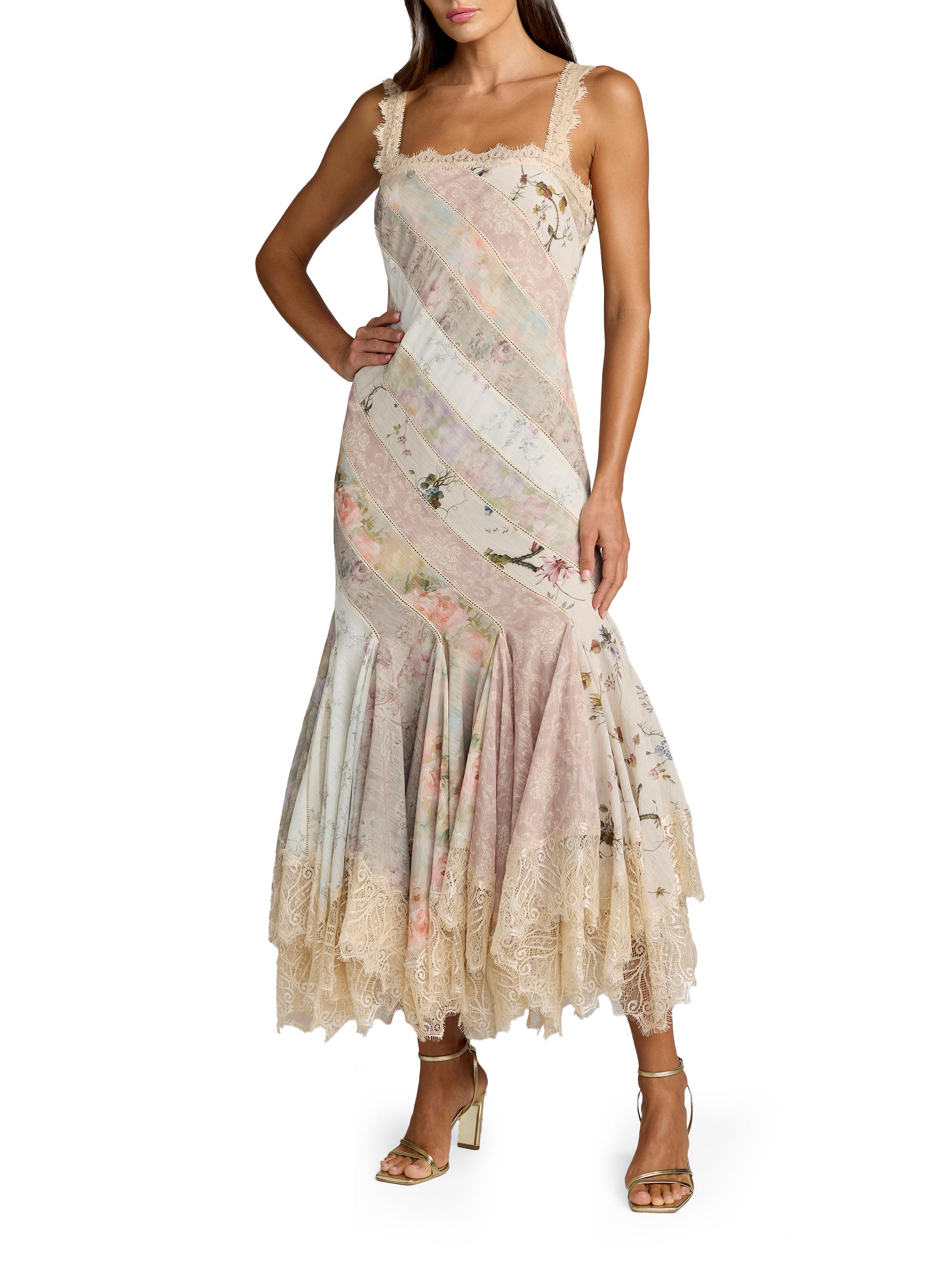 Floral Patchwork Chiffon Handkerchief-Hem Cocktail Dress