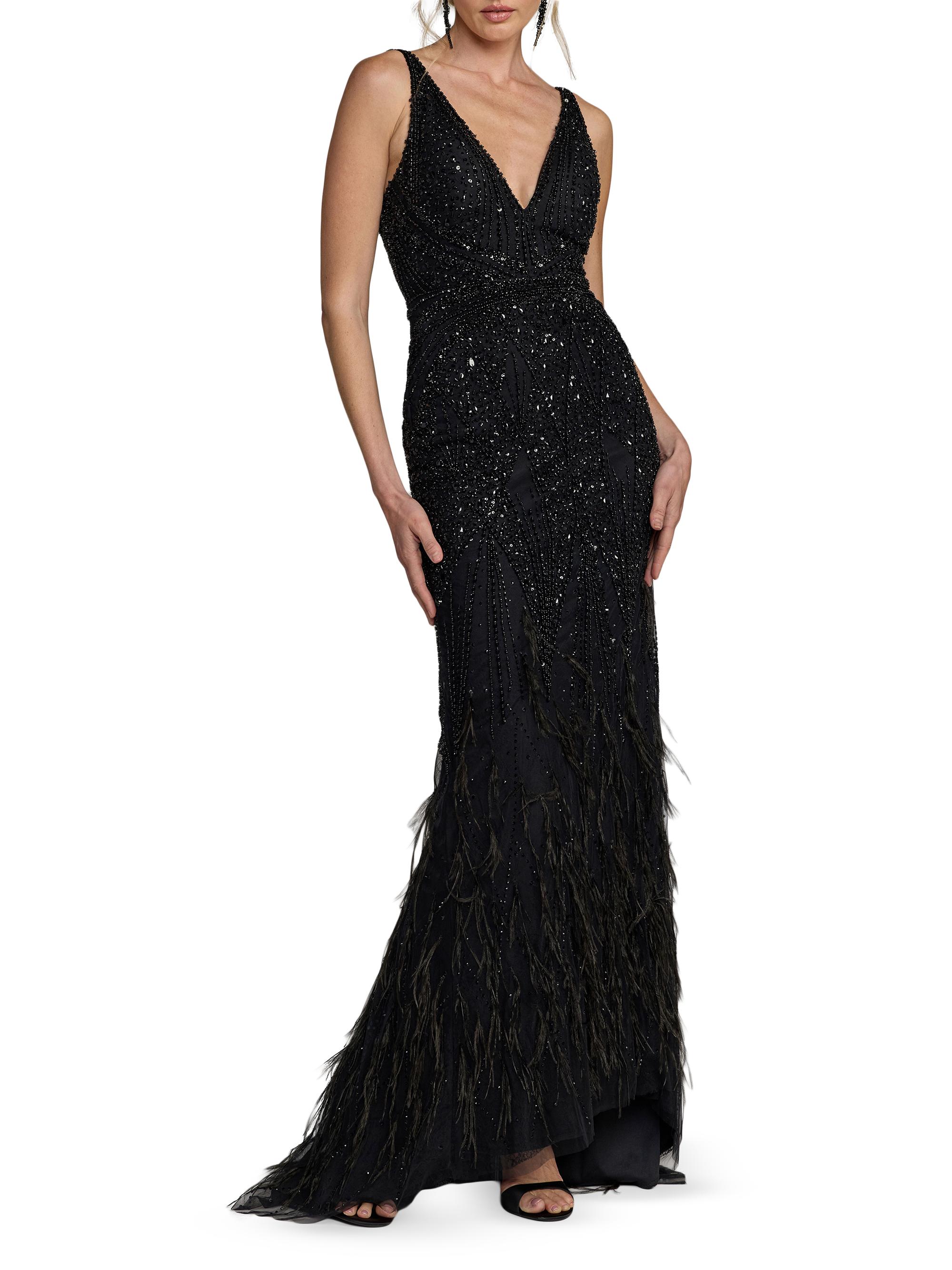 Mac Duggal Women's Embellished Feather-Trim V-Neck Gown - Black