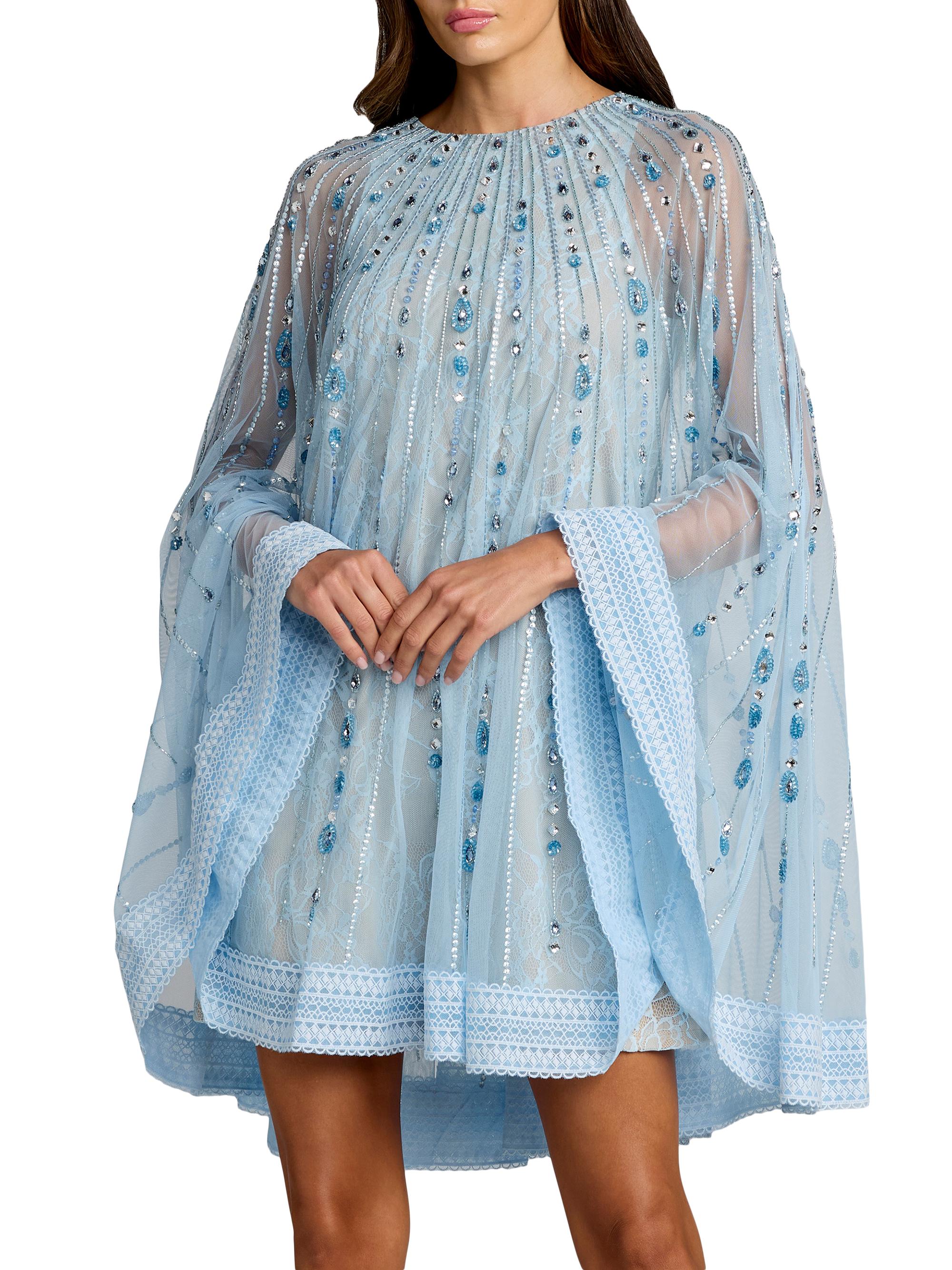 Mac Duggal Women's Embellished Lace A-Line Trapeze Minidress - Powder Blue Beige