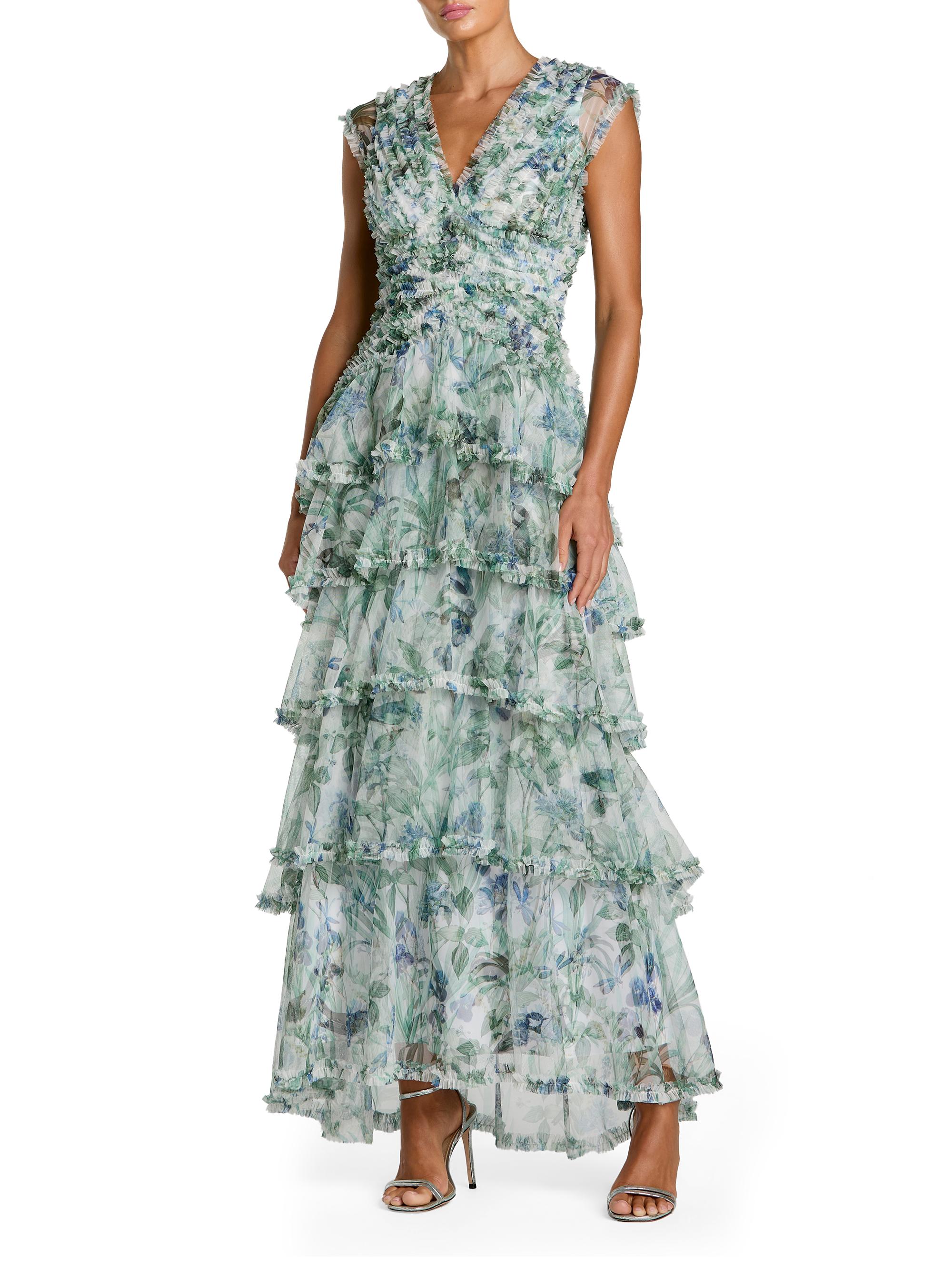 Mac Duggal Women's Floral Mesh Ruffled V-Neck Maxi Dress - Blue Multi