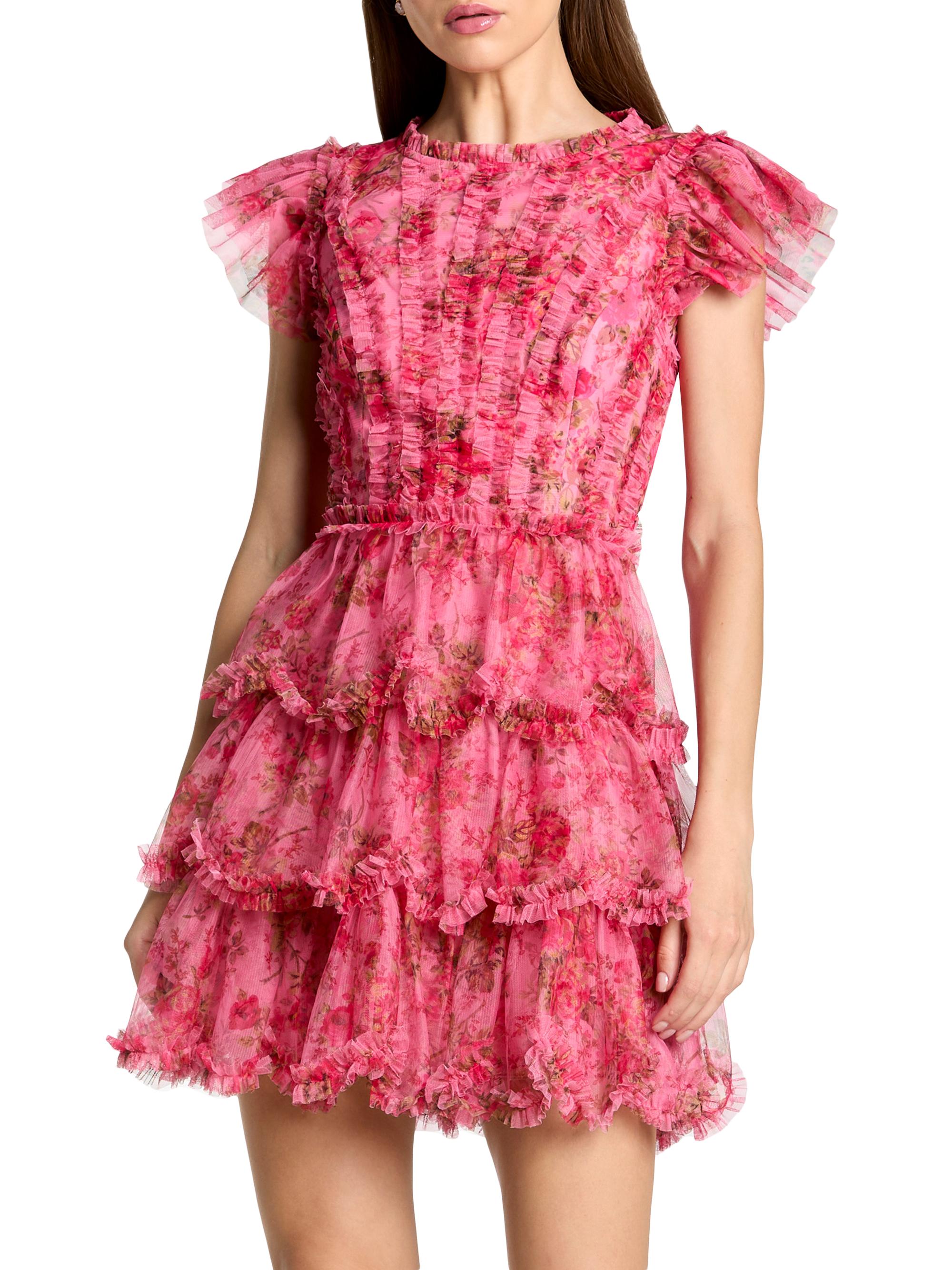 Mac Duggal Women's Floral-Mesh Ruffle Minidress - Pink Multi