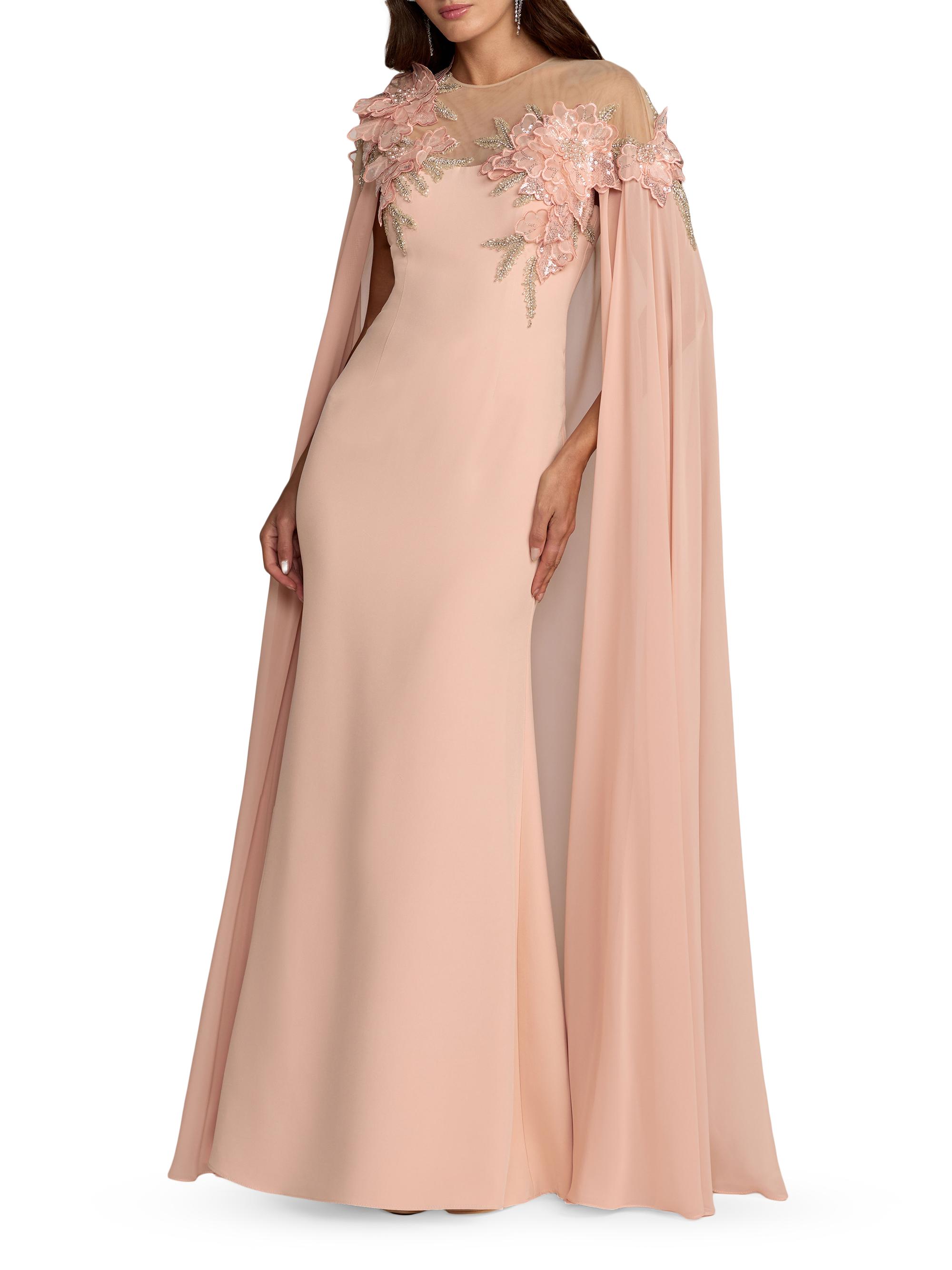 Mac Duggal Women's Floral Crêpe Cape-Detail Gown - Blush