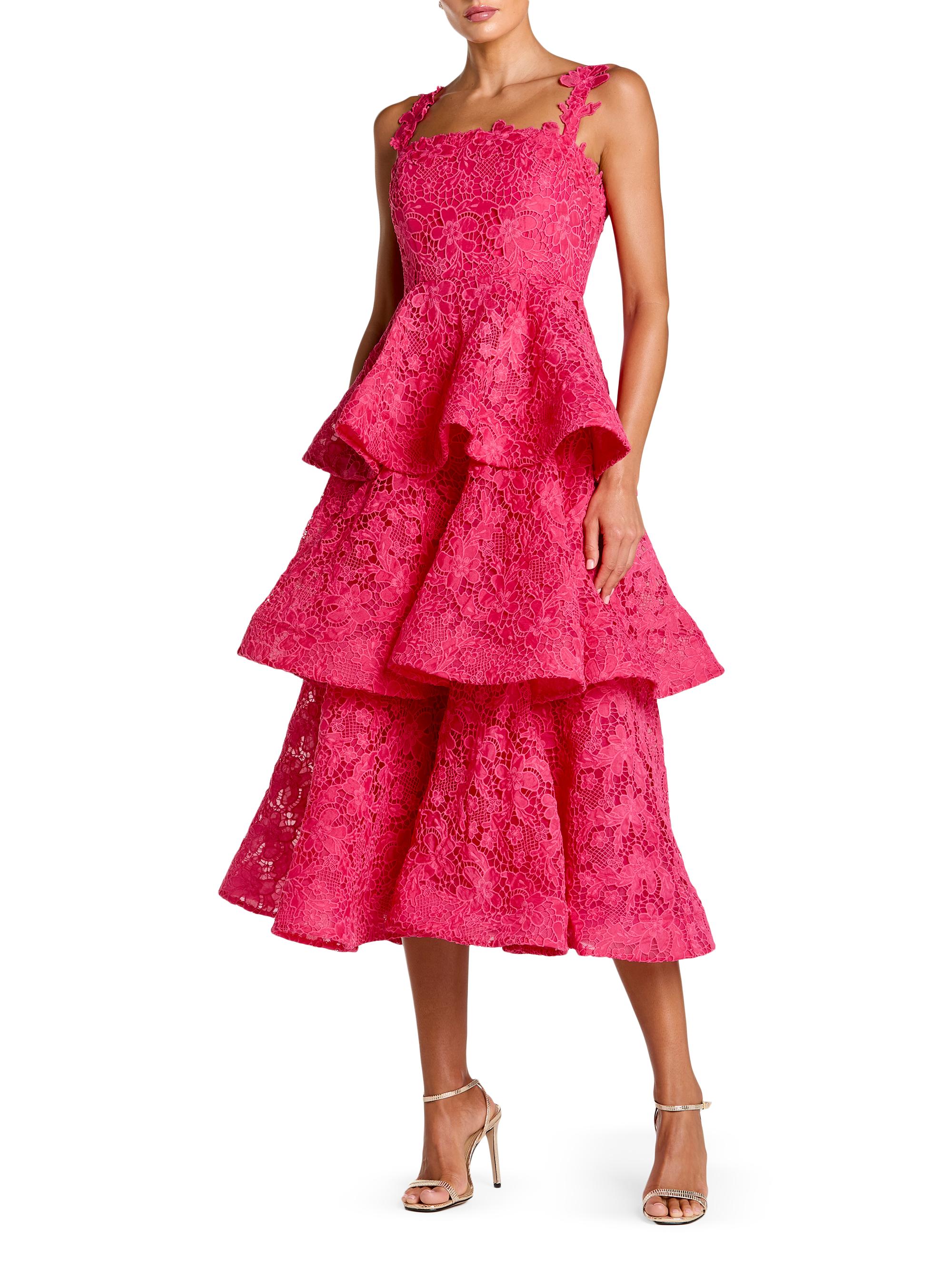 Mac Duggal Women's Floral Lace Tiered Midi-Dress - Hot Pink