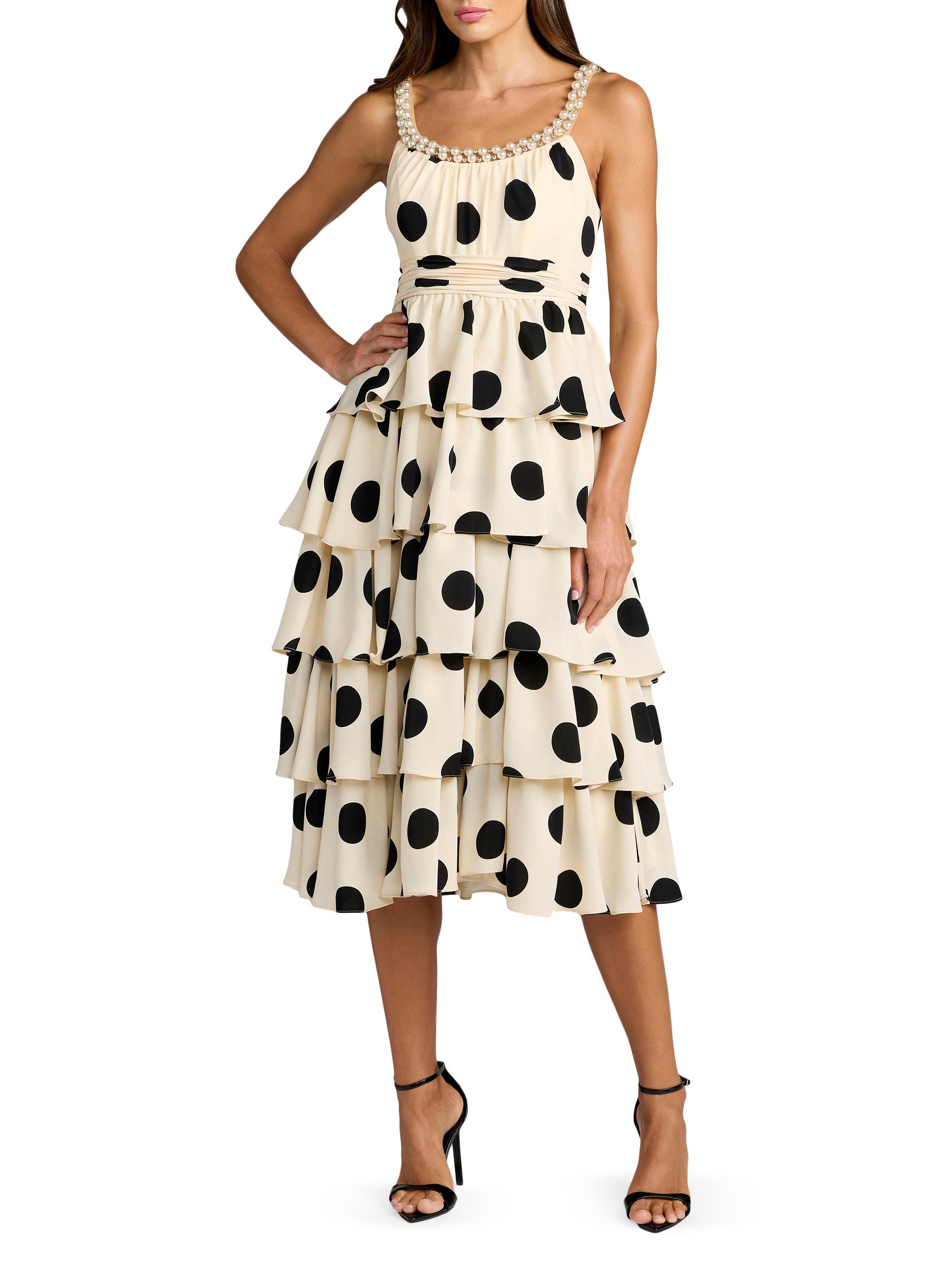 Mac Duggal Women's Polka Dot Charmeuse Tiered Satin Midi-Dress - Black