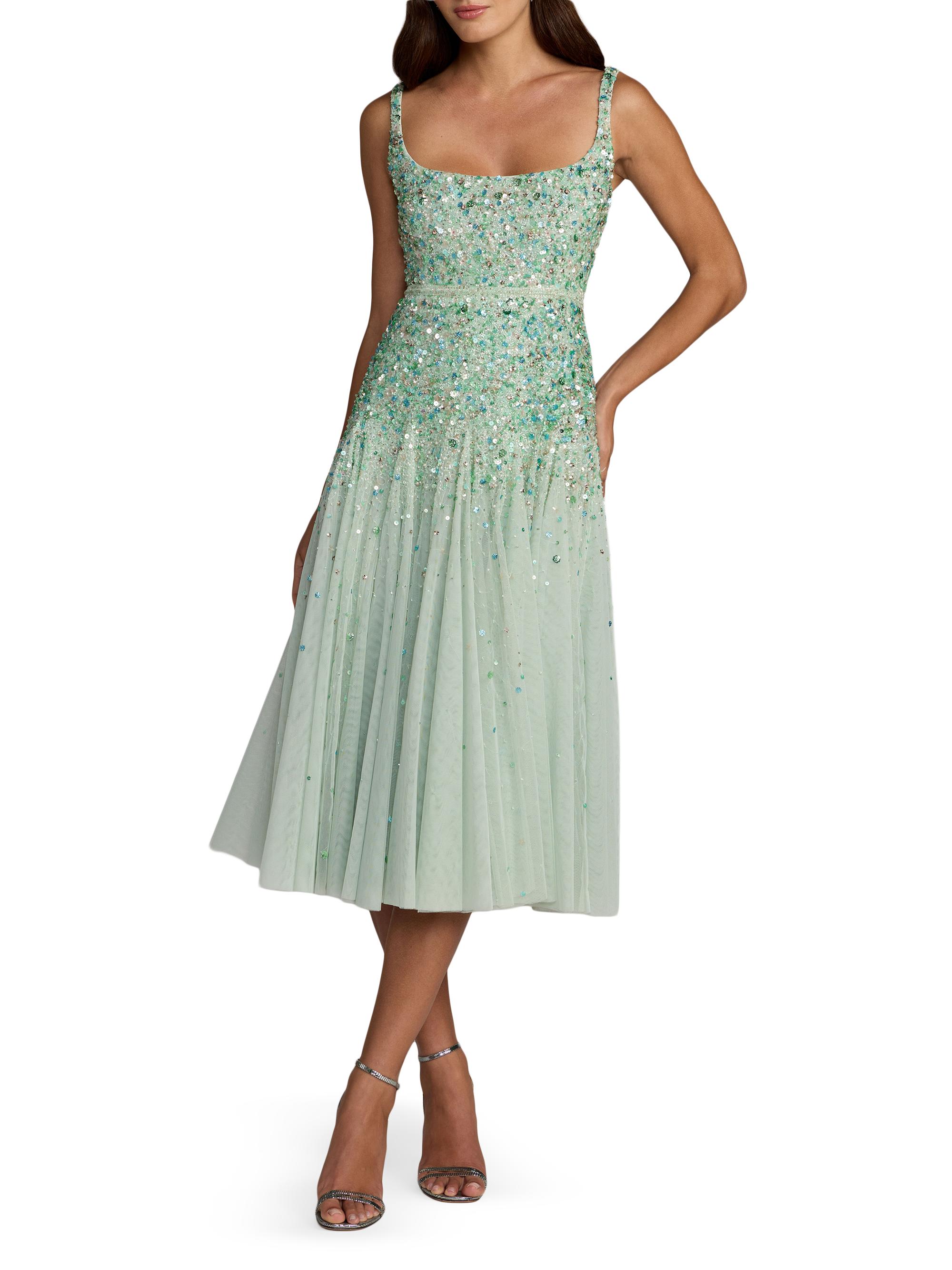 Mac Duggal Women's Beaded Mesh Midi-Dress - Seafoam Multi