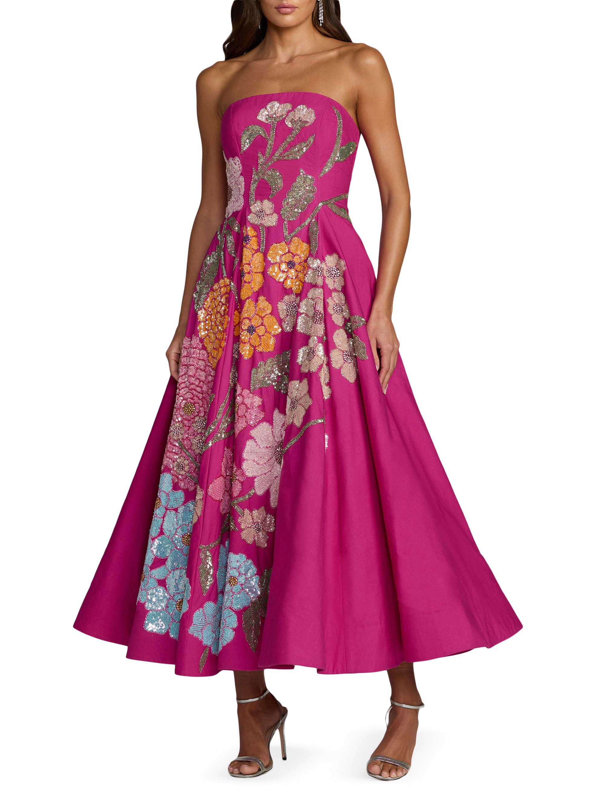 Mac Duggal Women's Floral Beaded Strapless A-Line Midi-Dress - Hot Pink Multi