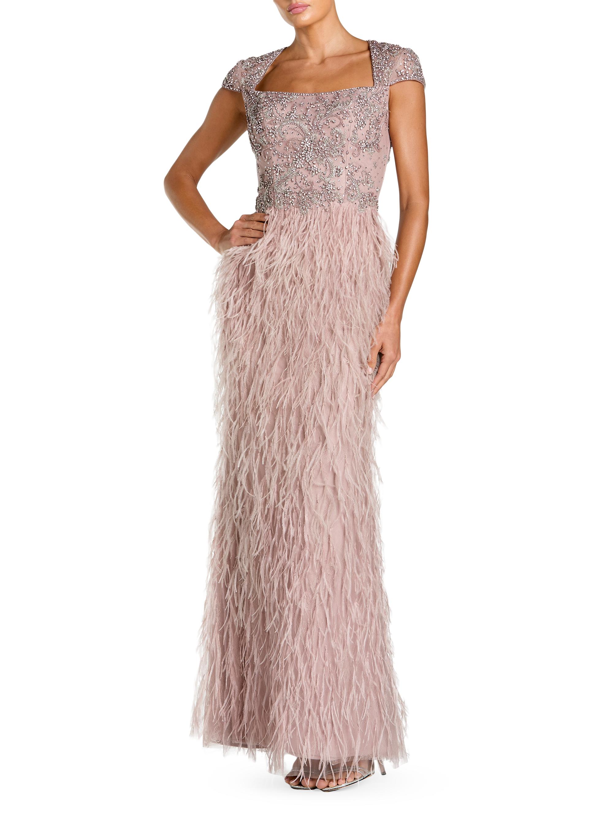Mac Duggal Women's Beaded Feather-Trim Gown - Mocha