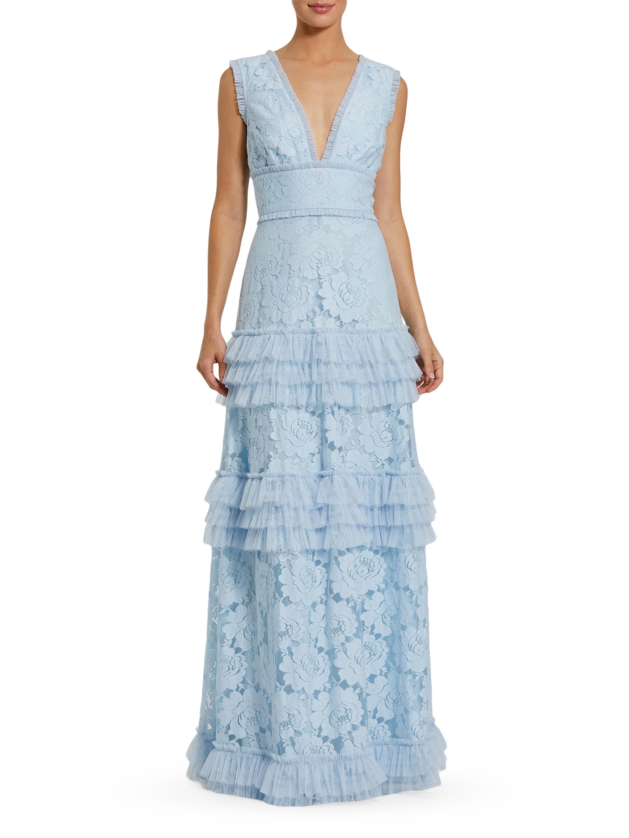 Mac Duggal Women's Floral Lace Tiered Gown - Powder Blue